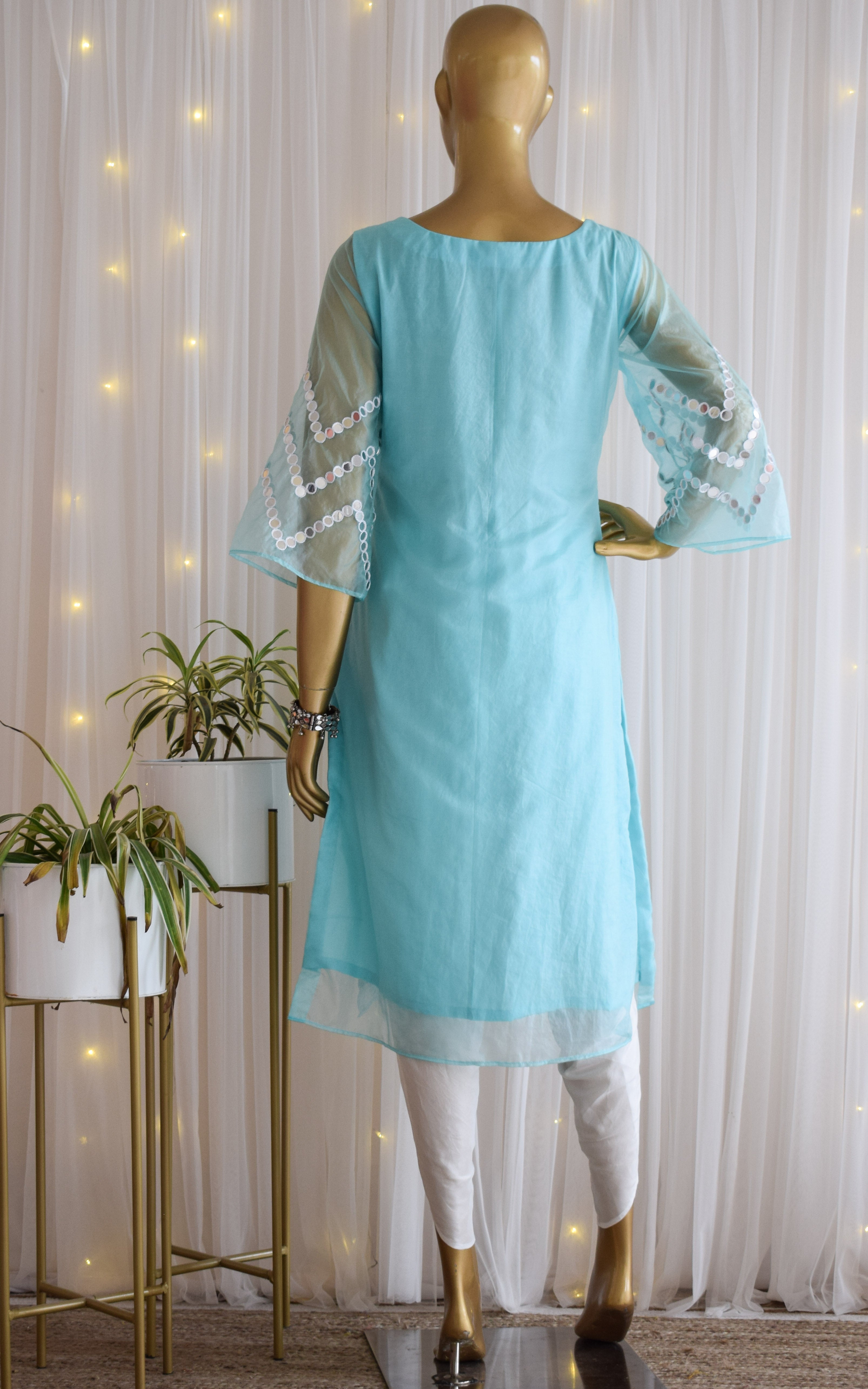 Sky Blue Mirrorwork Organza Kurta Set