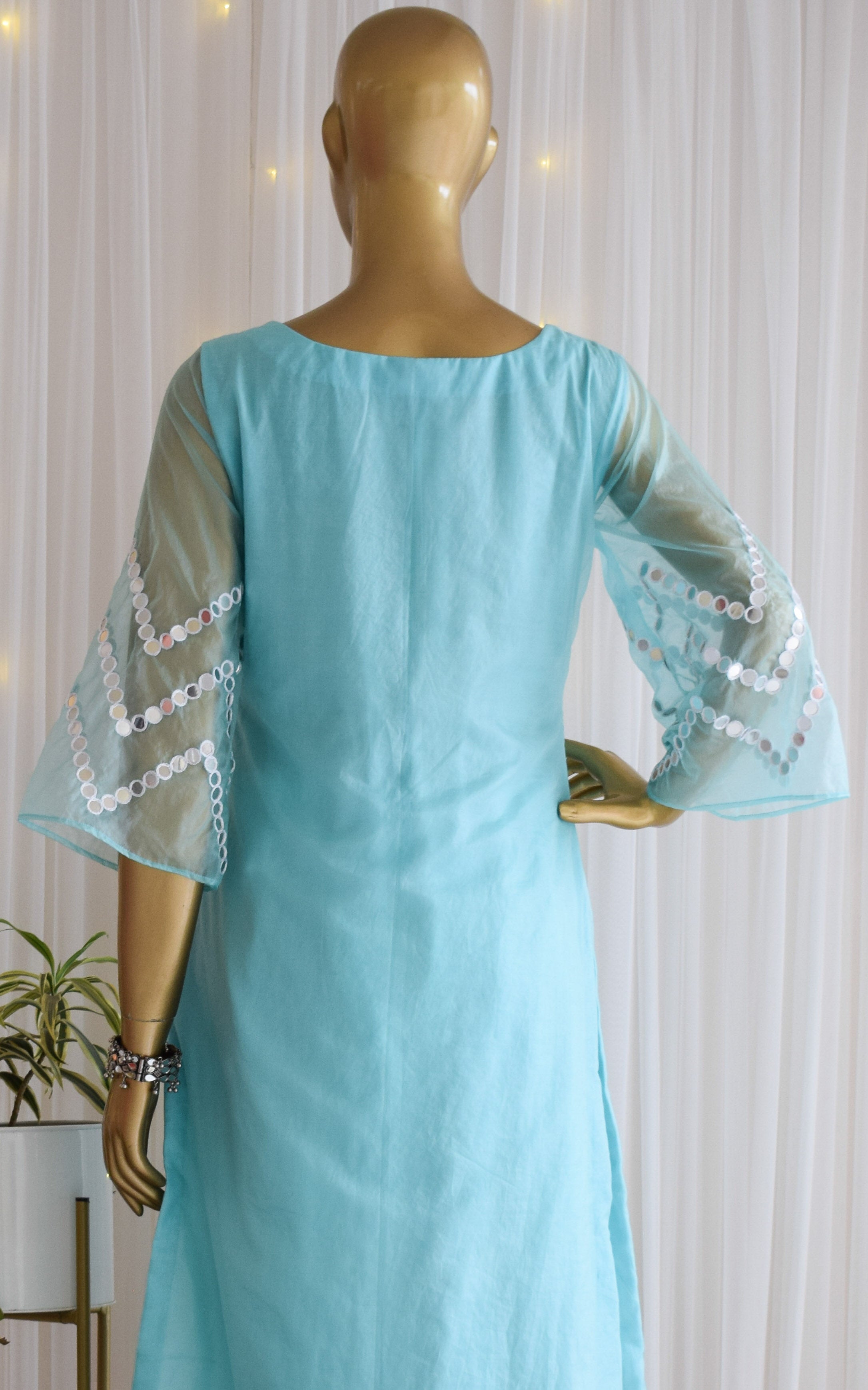 Sky Blue Mirrorwork Organza Kurta Set
