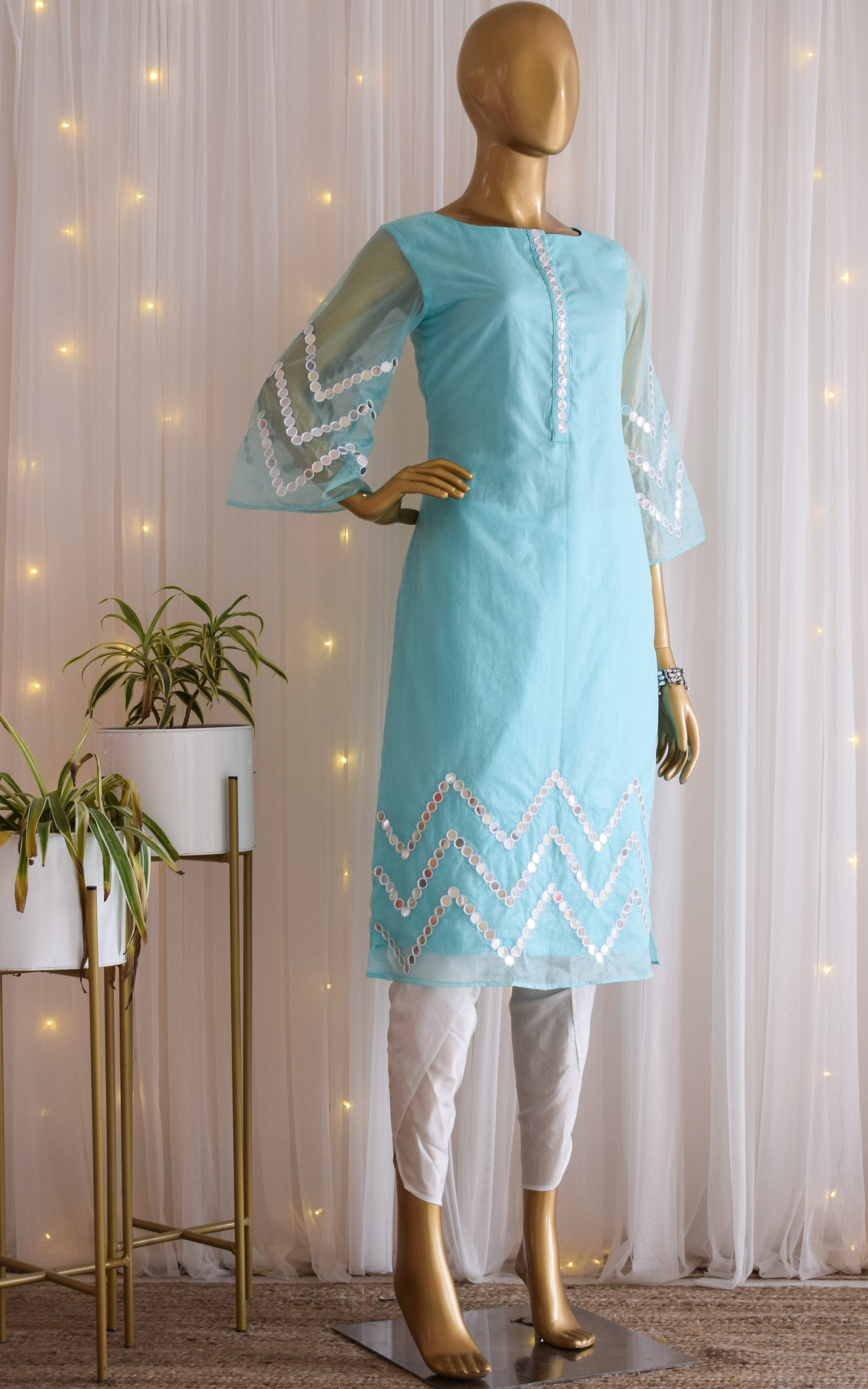 Sky Blue Mirrorwork Organza Kurta Set