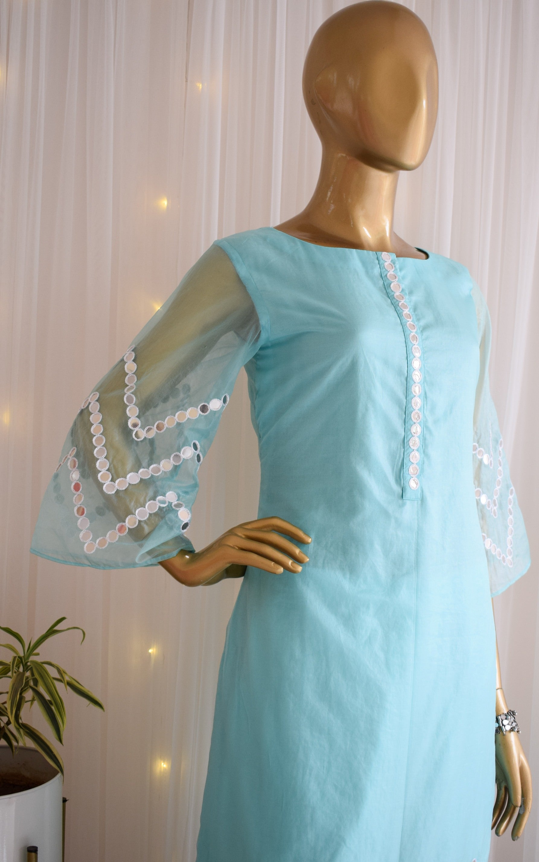 Sky Blue Mirrorwork Organza Kurta Set