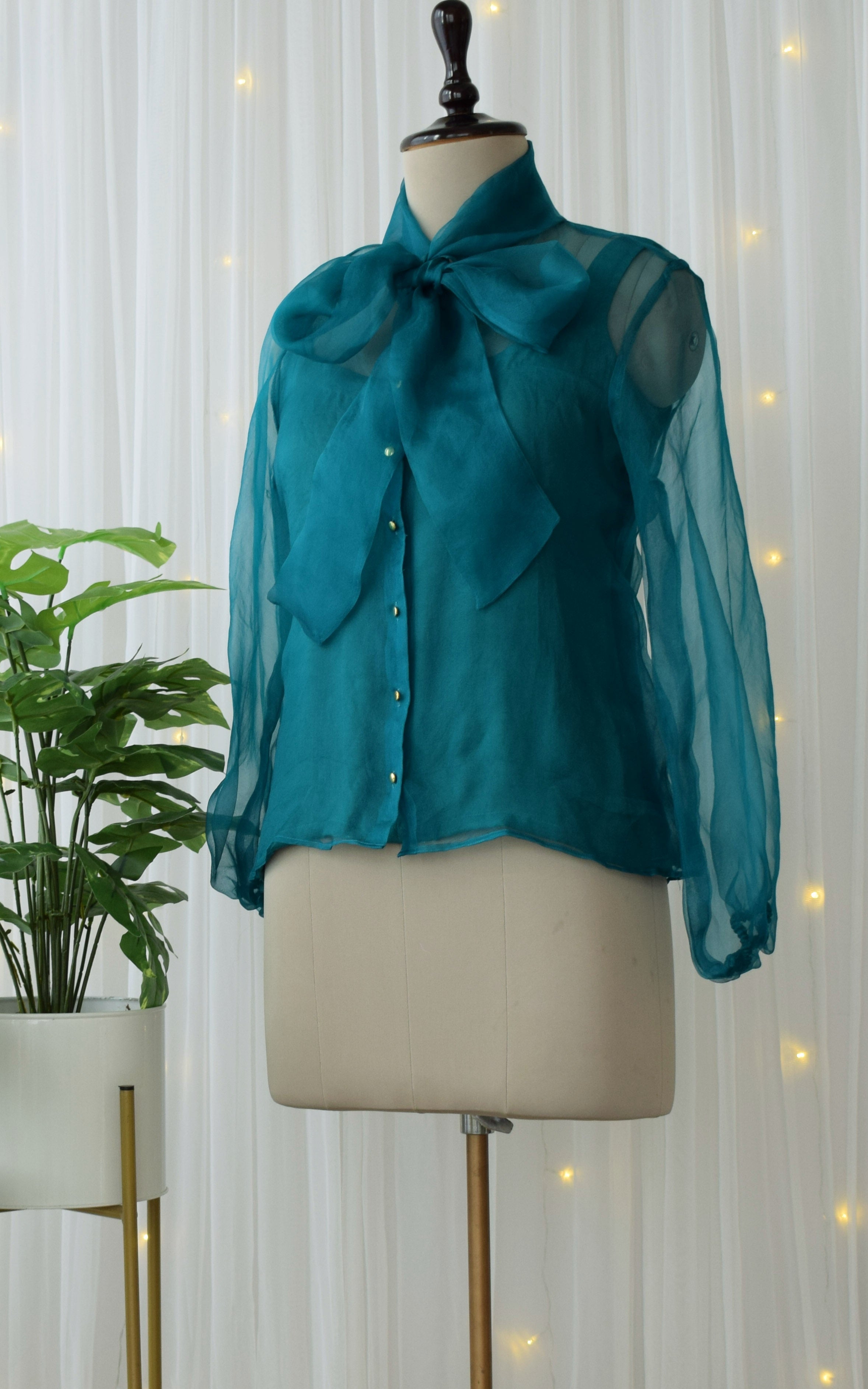 Topaz Silk Organza Bow-Tie Top