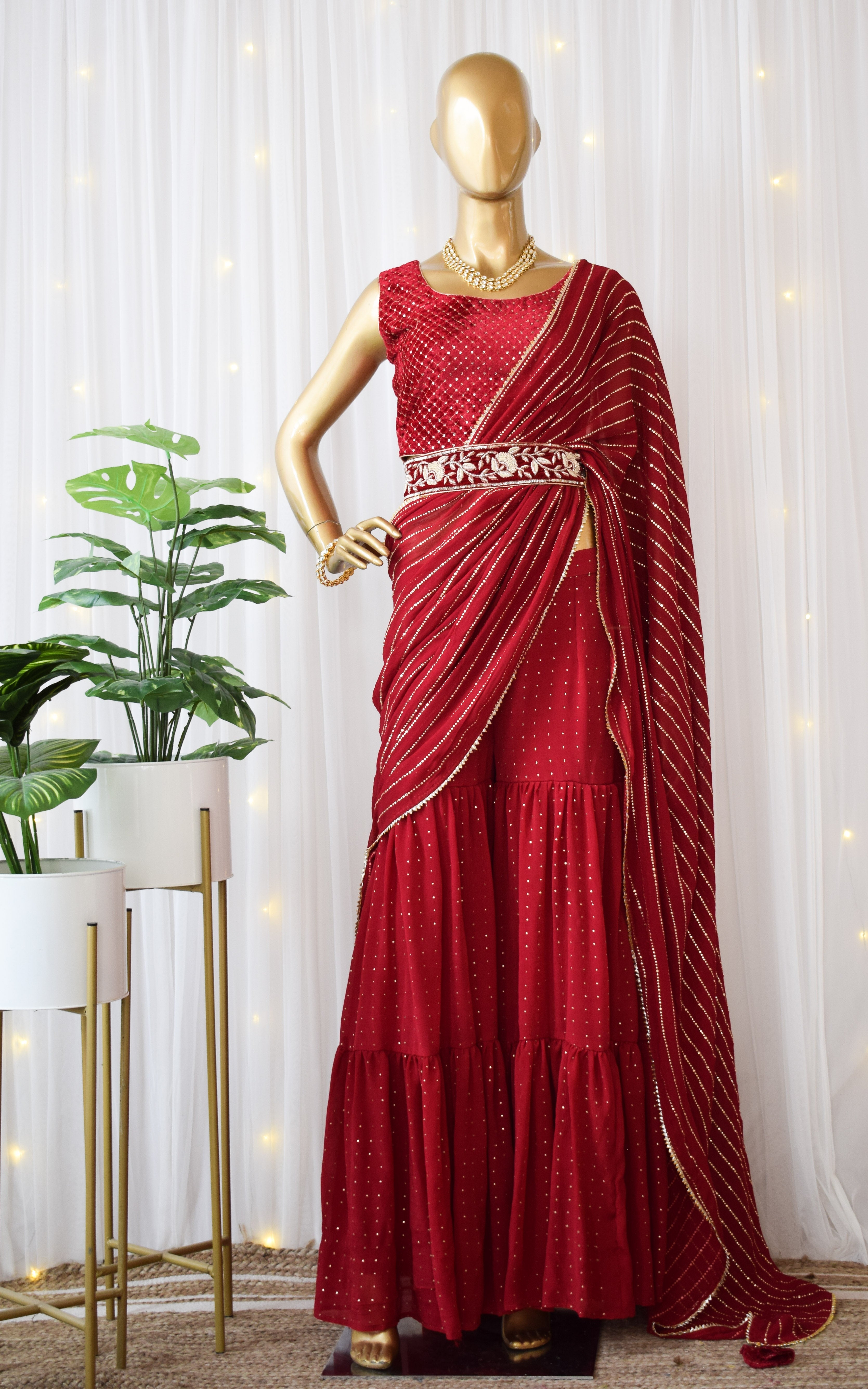 Maroon Sharara Saree Set With Velvet Zardozi Belt