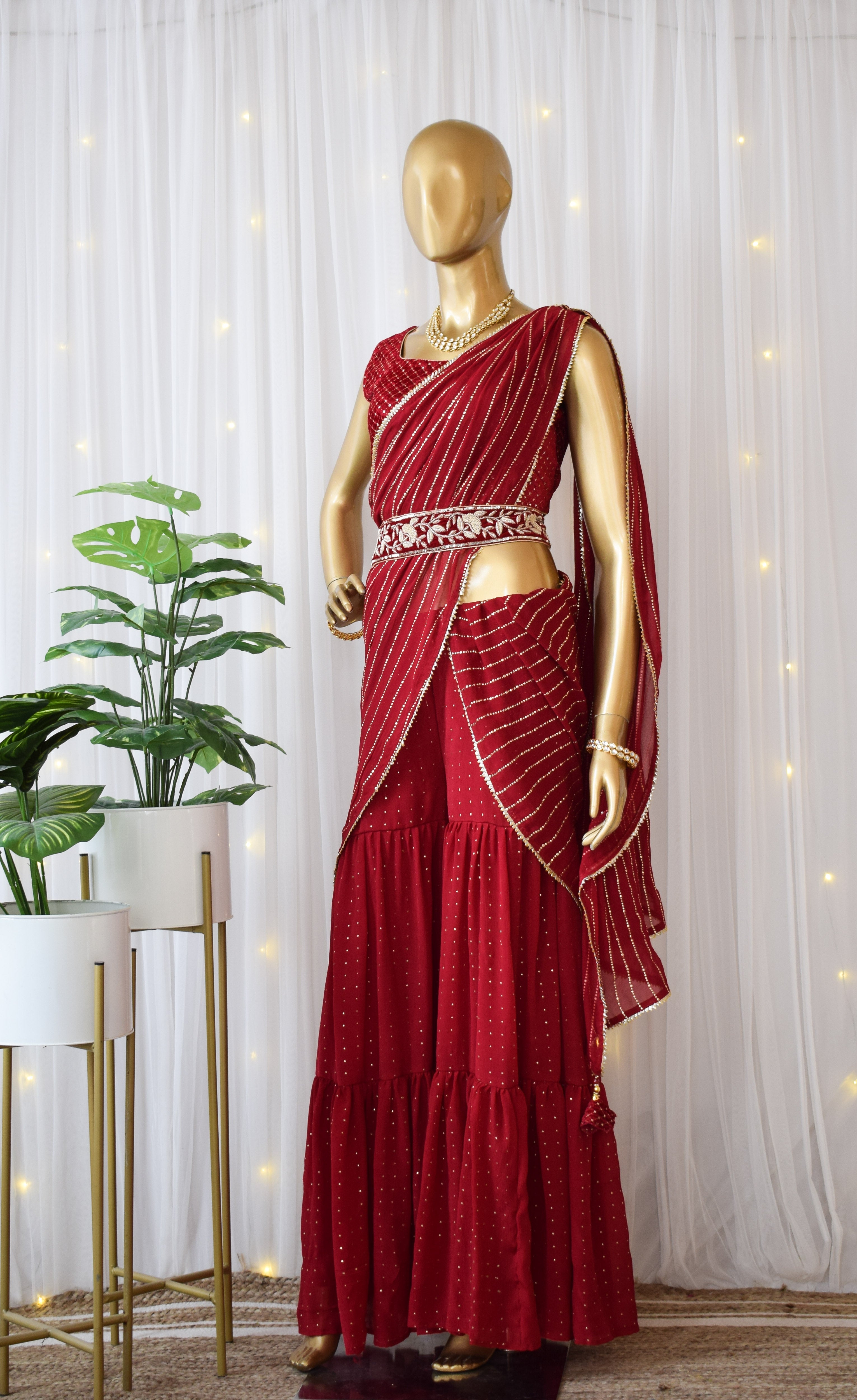 Maroon Sharara Saree Set With Velvet Zardozi Belt