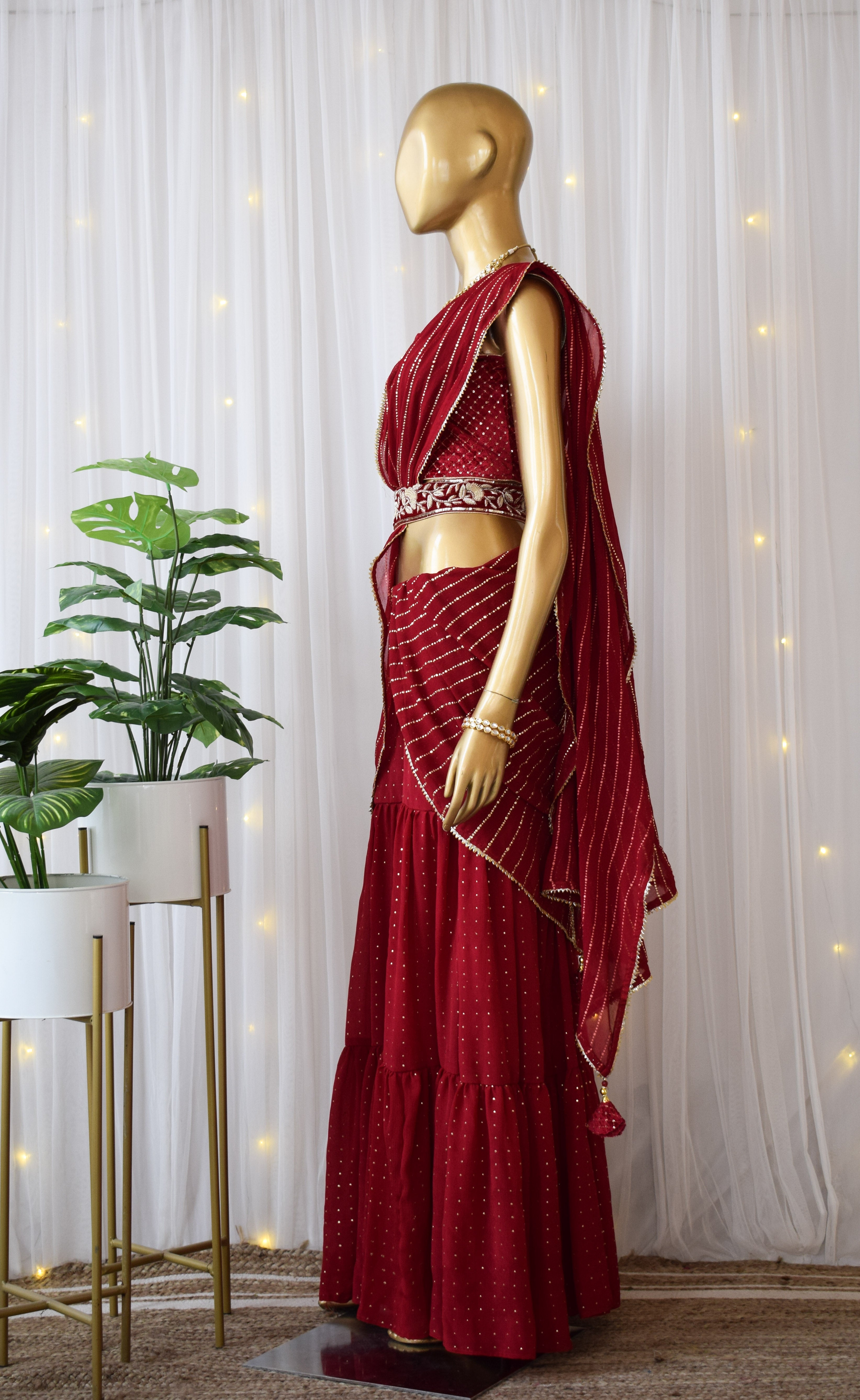 Maroon Sharara Saree Set With Velvet Zardozi Belt