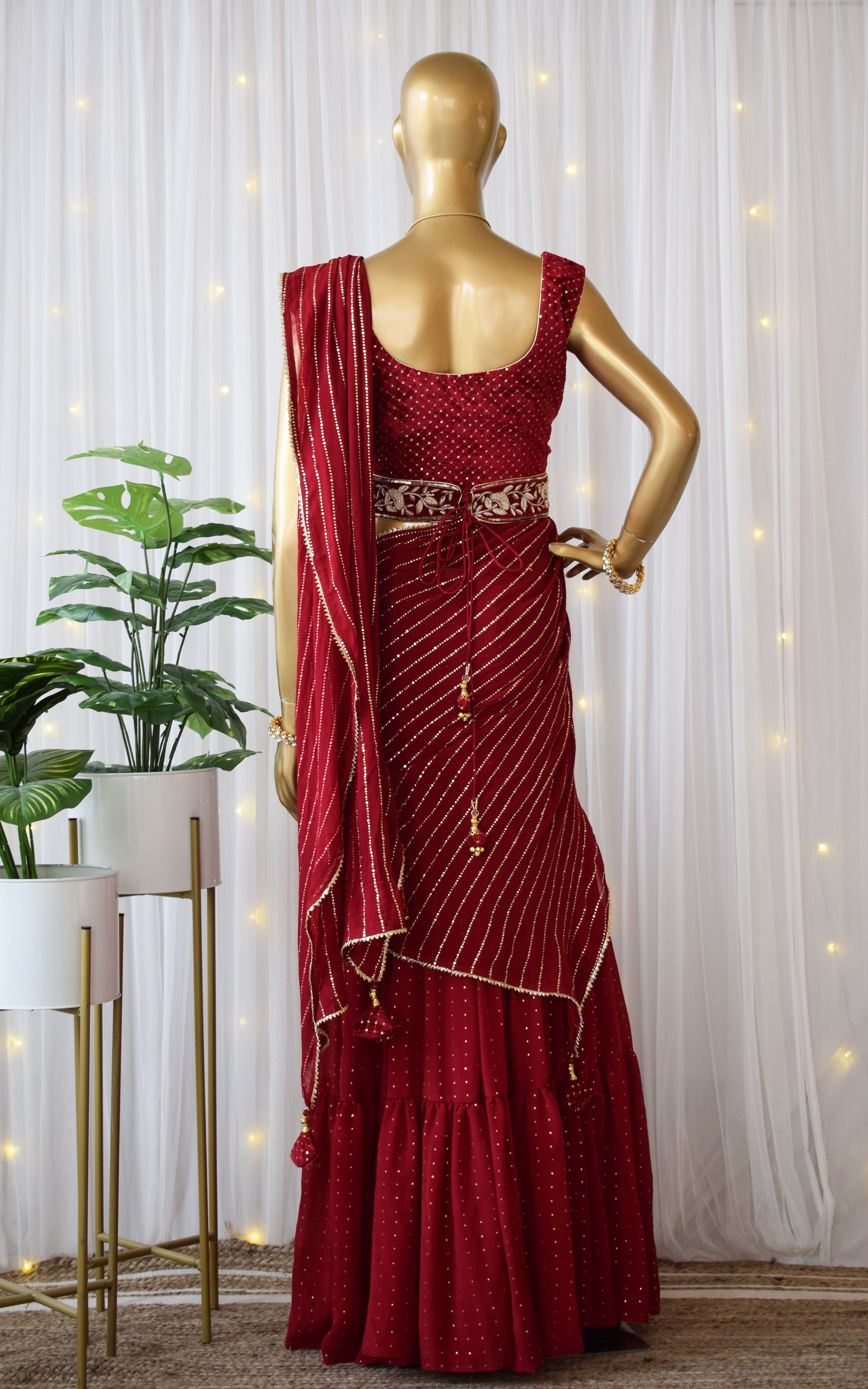 Maroon Sharara Saree Set With Velvet Zardozi Belt