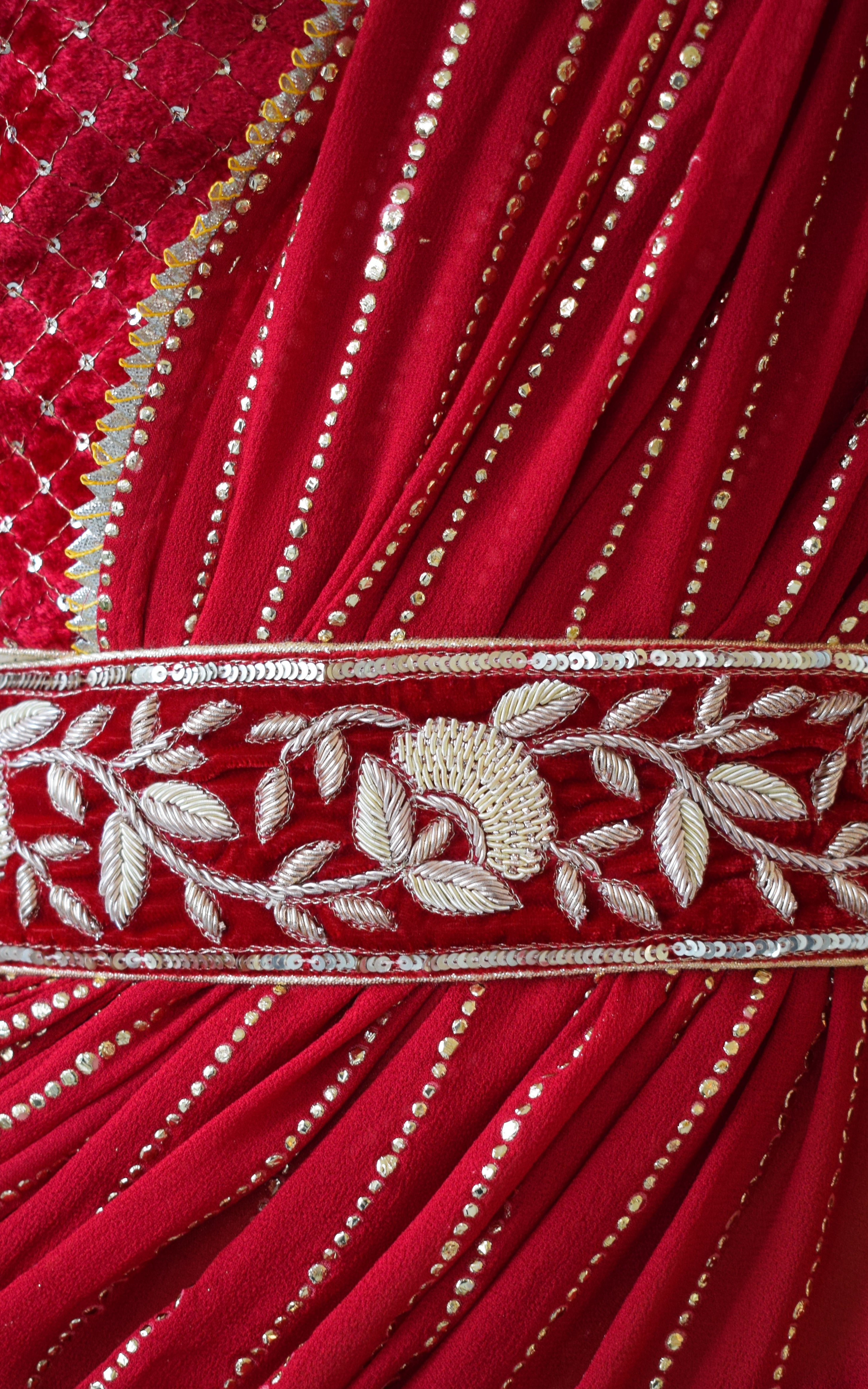 Maroon Sharara Saree Set With Velvet Zardozi Belt