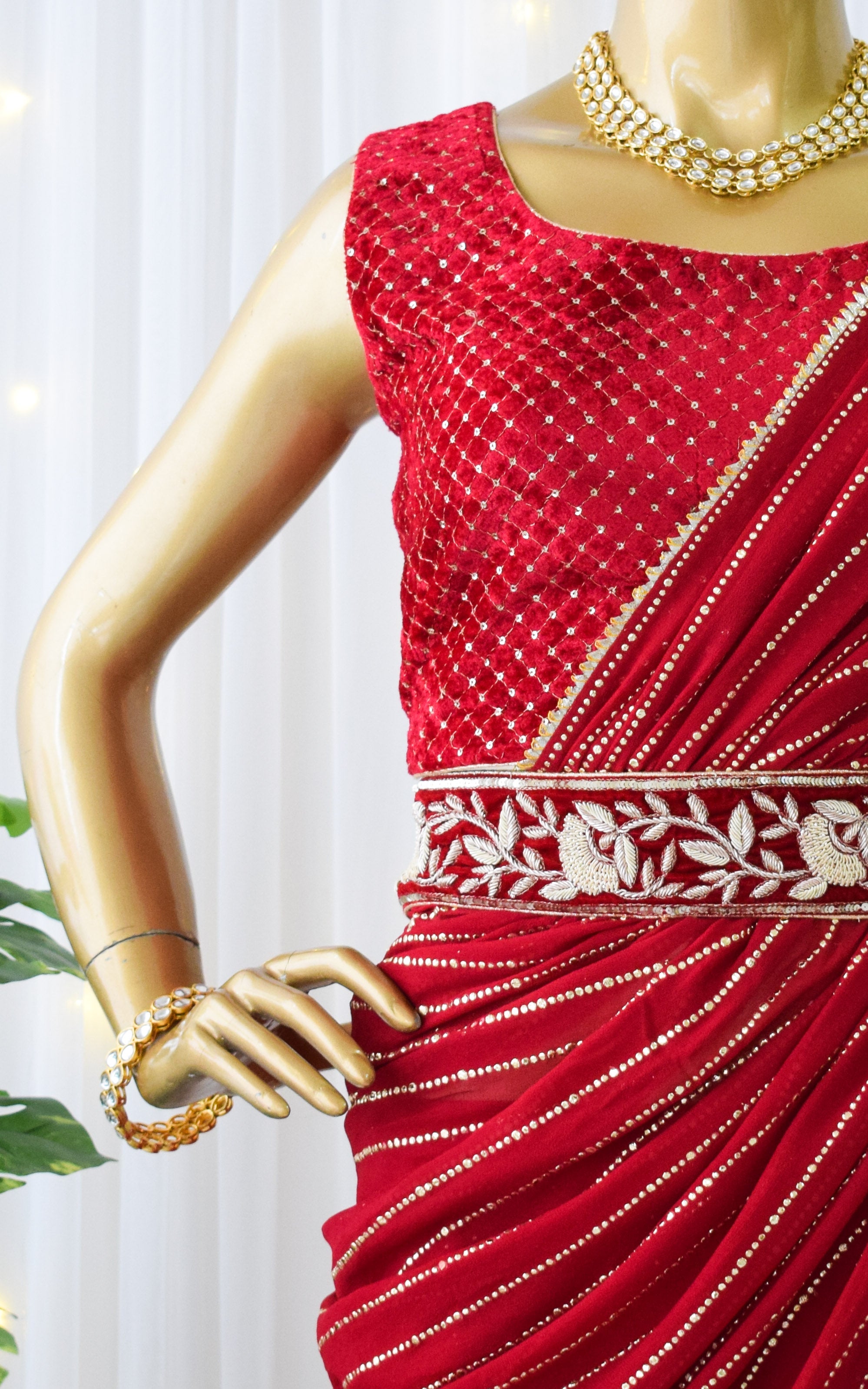 Maroon Sharara Saree Set With Velvet Zardozi Belt