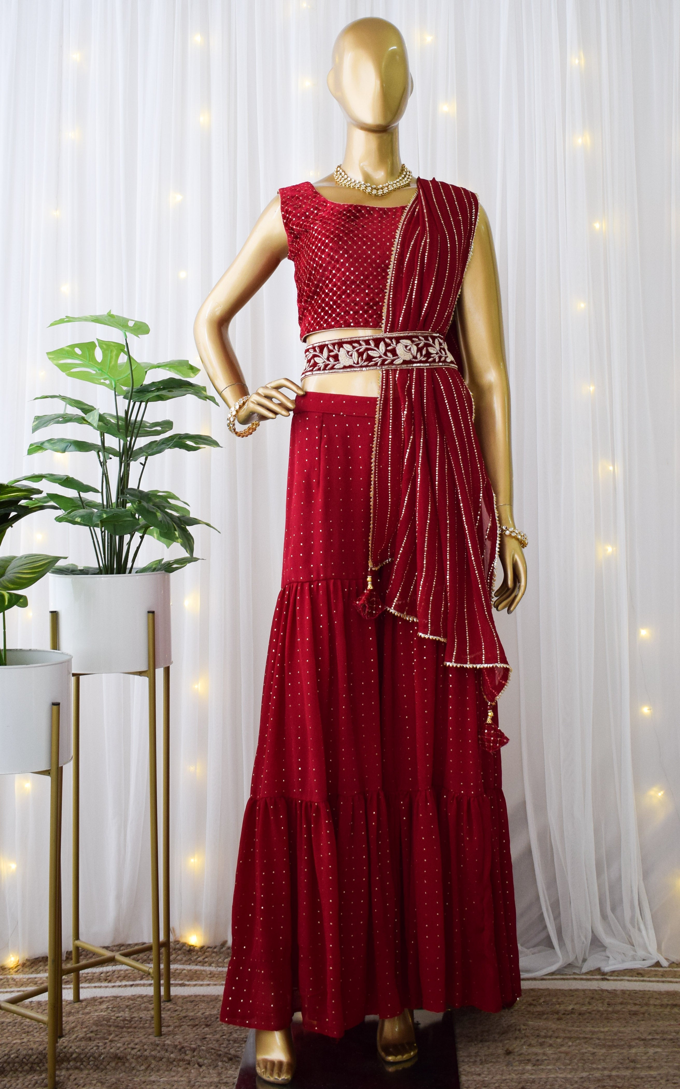 Maroon Sharara Saree Set With Velvet Zardozi Belt