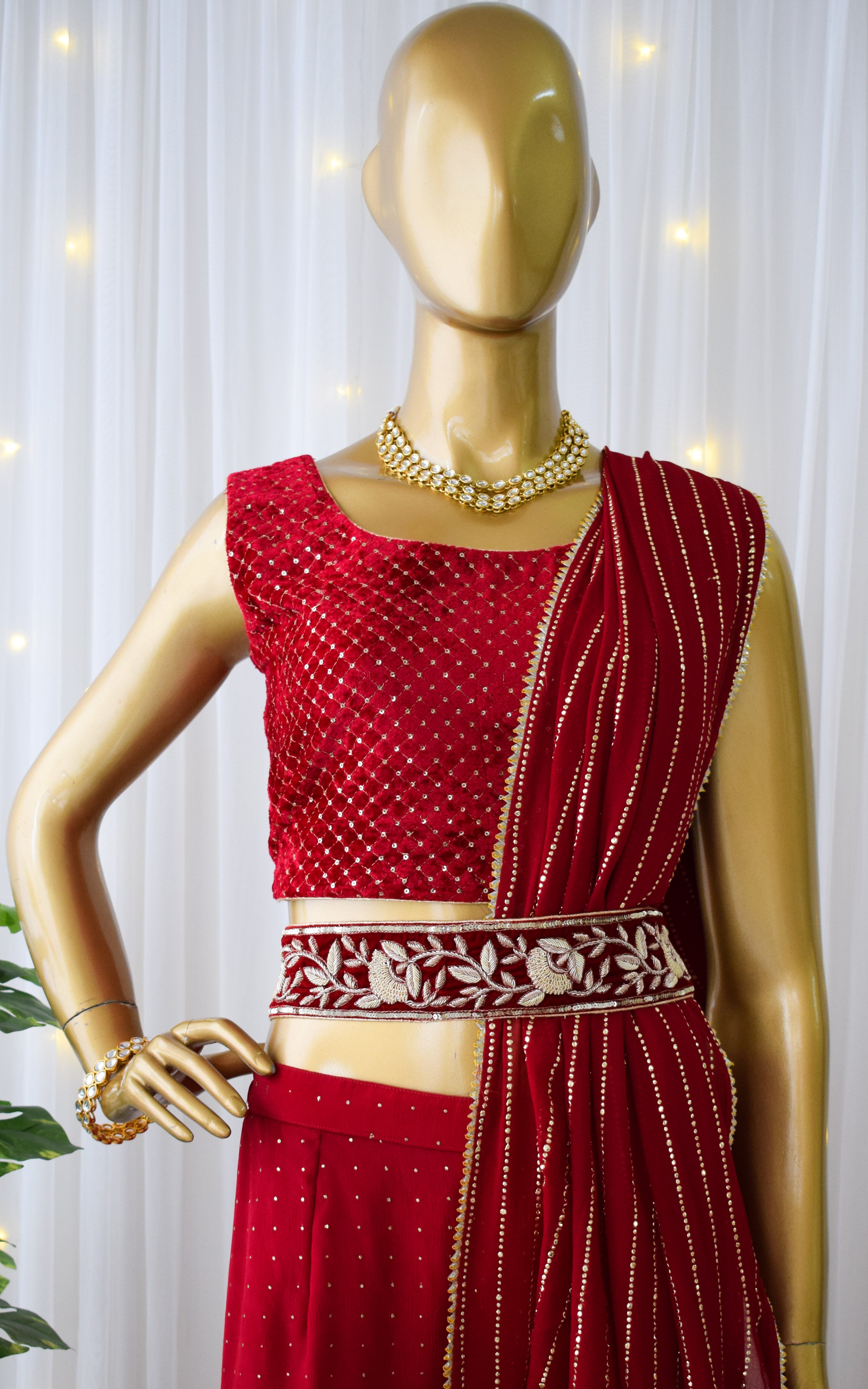 Maroon Sharara Saree Set With Velvet Zardozi Belt