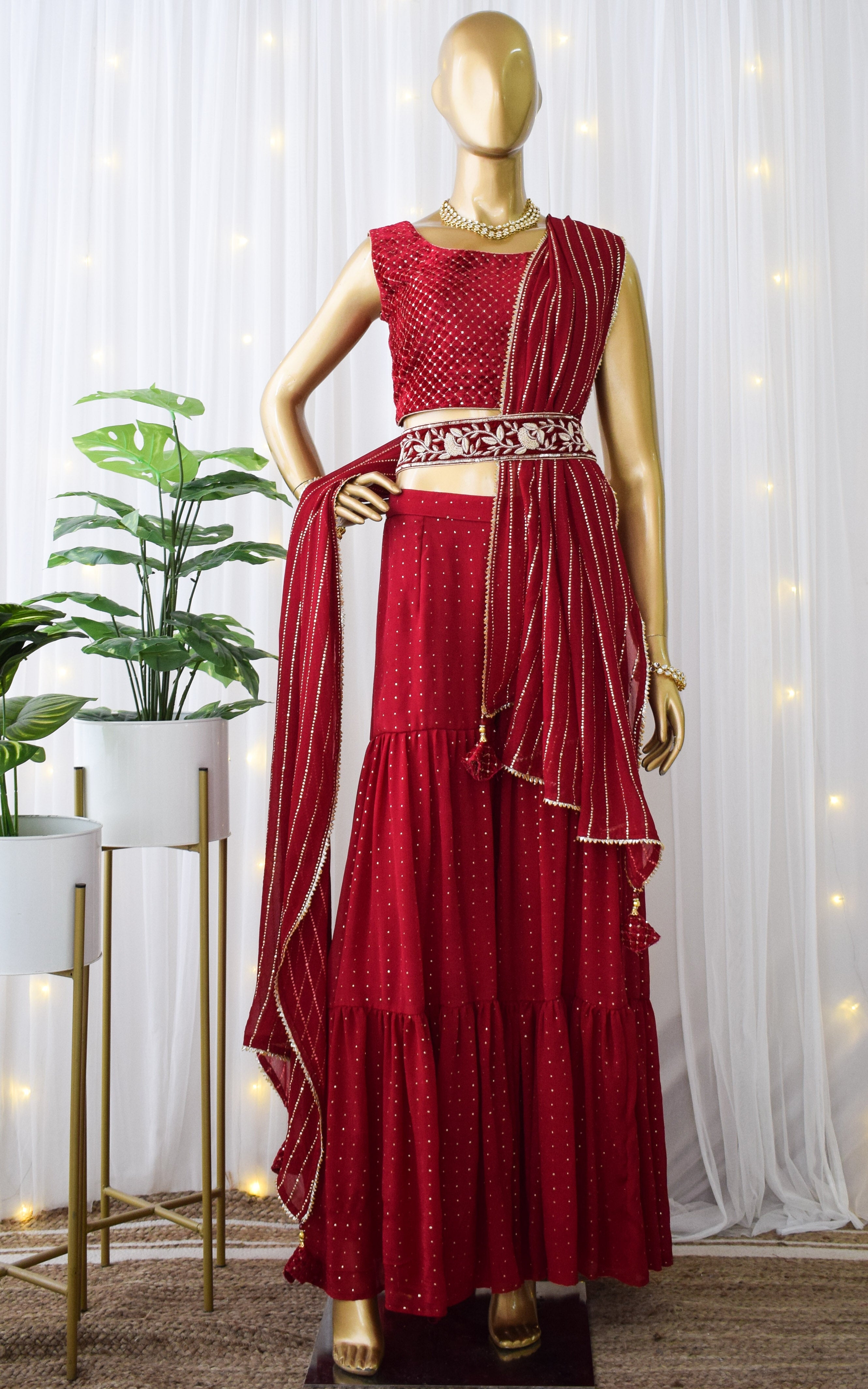 Maroon Sharara Saree Set With Velvet Zardozi Belt