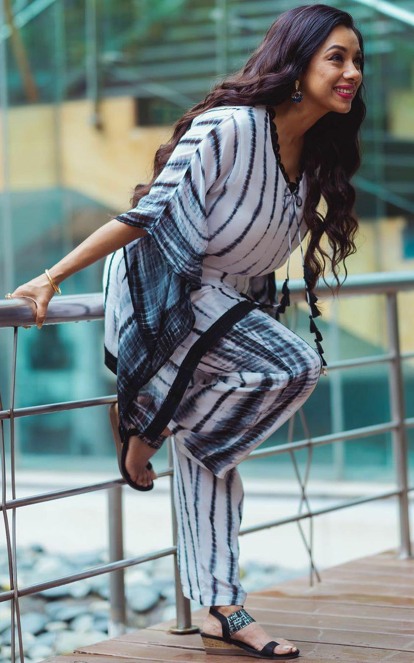 Rupali Ganguly Black & White Shibori Kaftan Co-ord Set