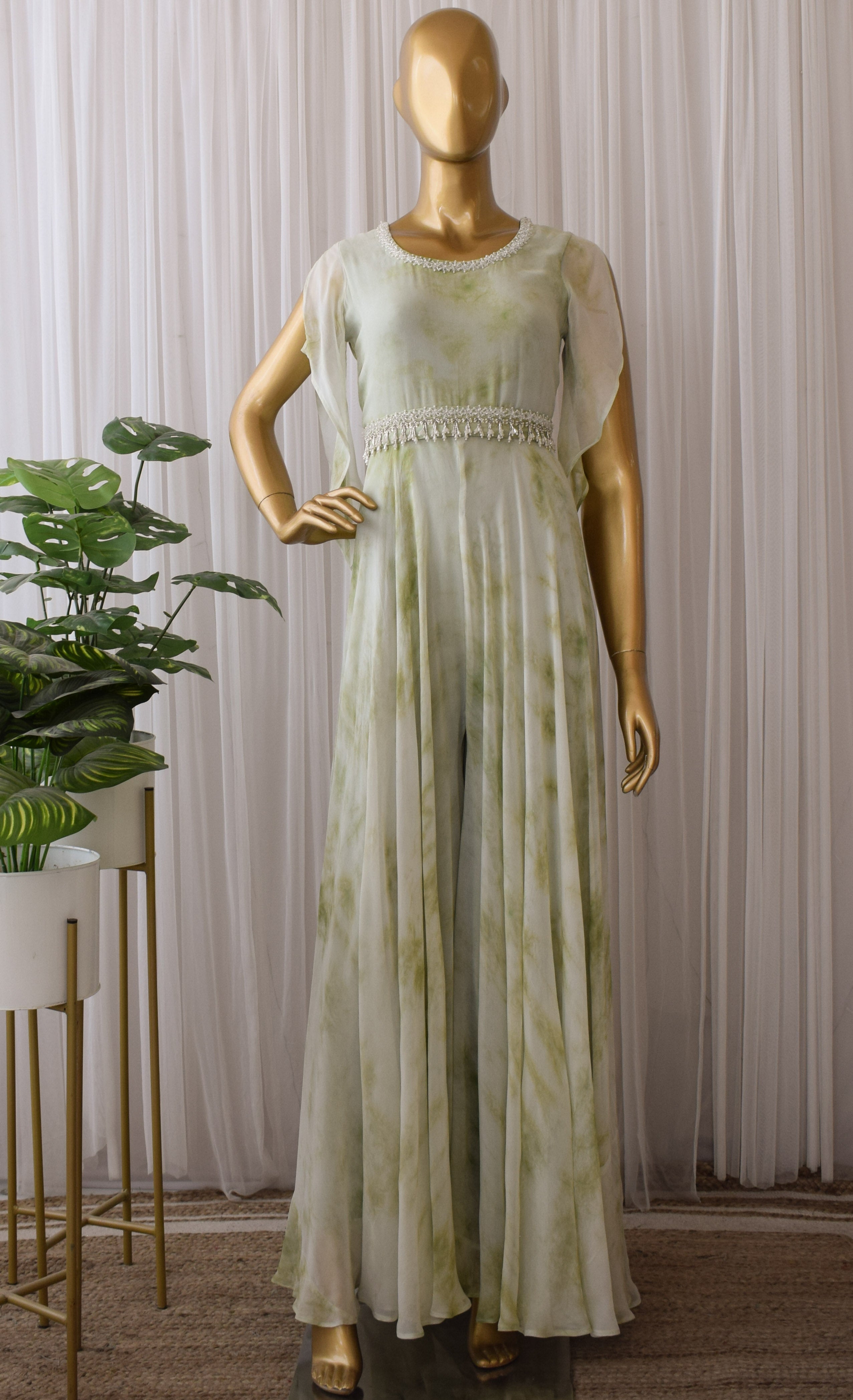 Sage Green Shibori Jumpsuit with Embellished Belt