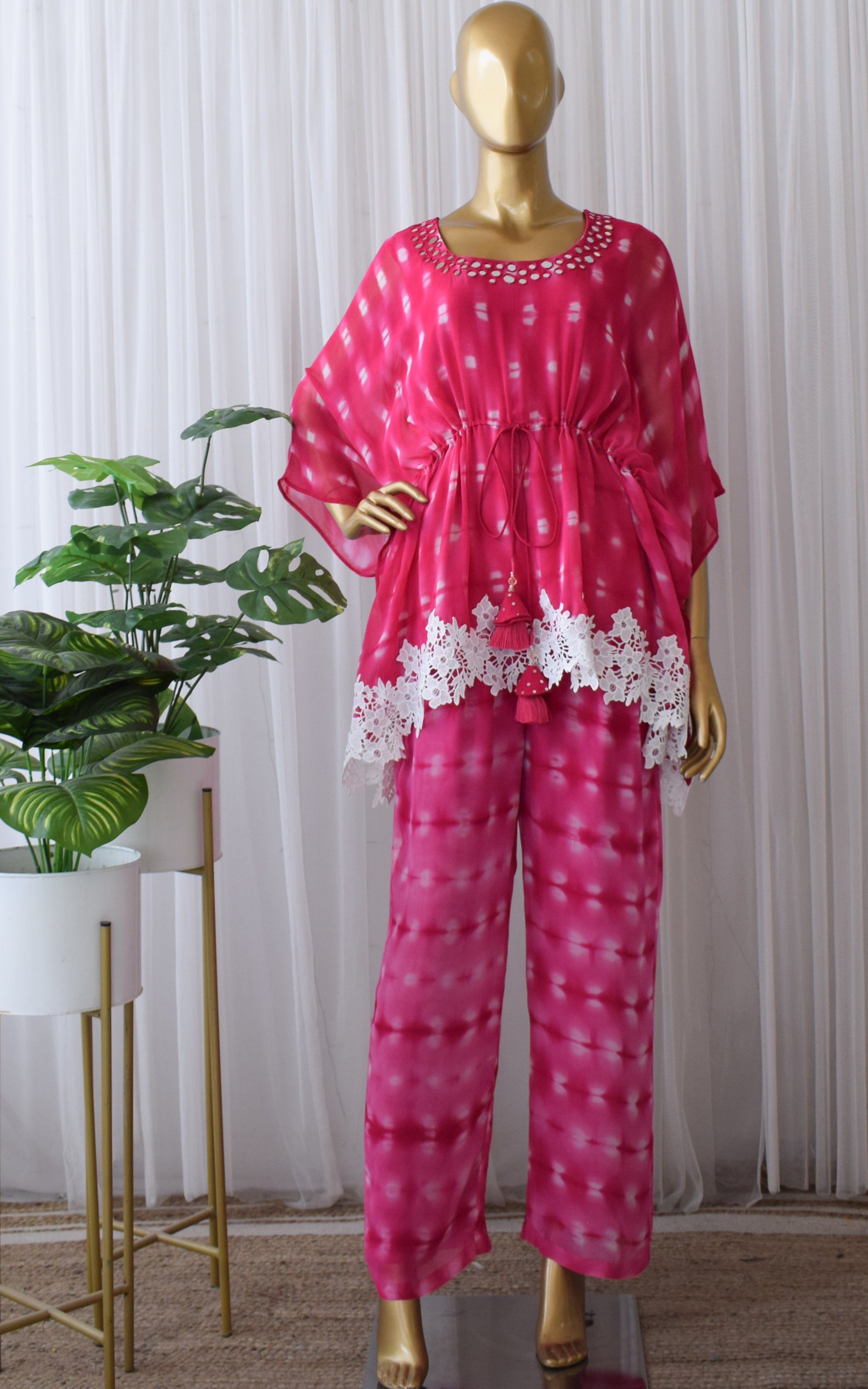 Pink Shibori Mirrorwork Kaftan Sharara Set