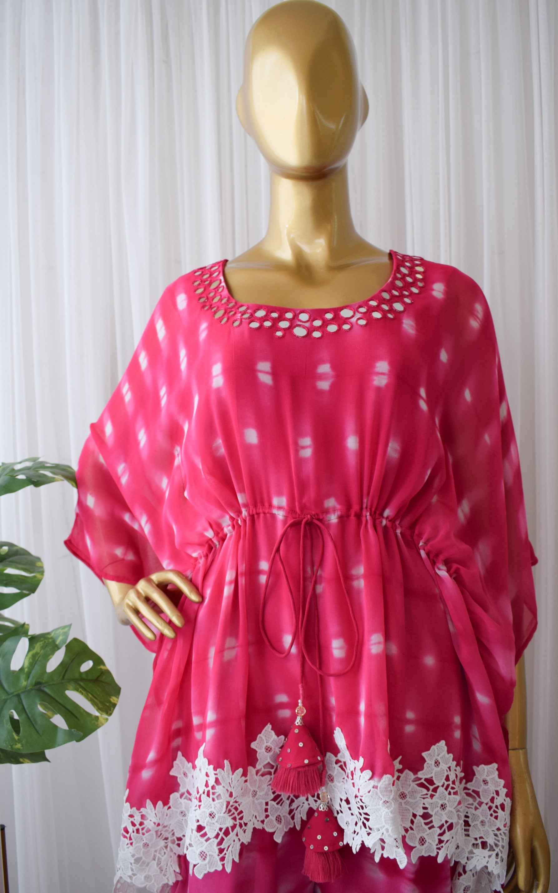 Pink Shibori Mirrorwork Kaftan Sharara Set