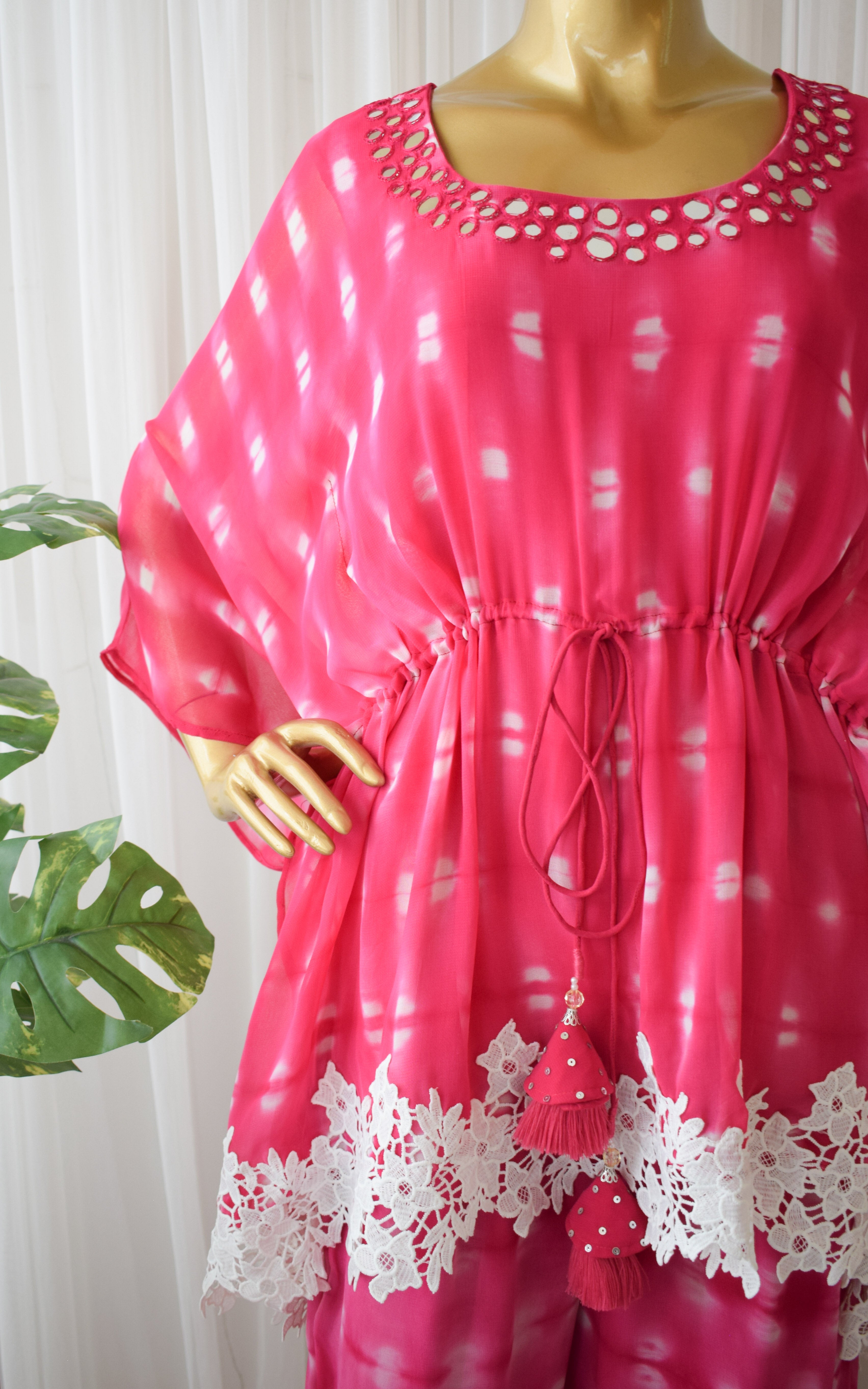 Pink Shibori Mirrorwork Kaftan Sharara Set