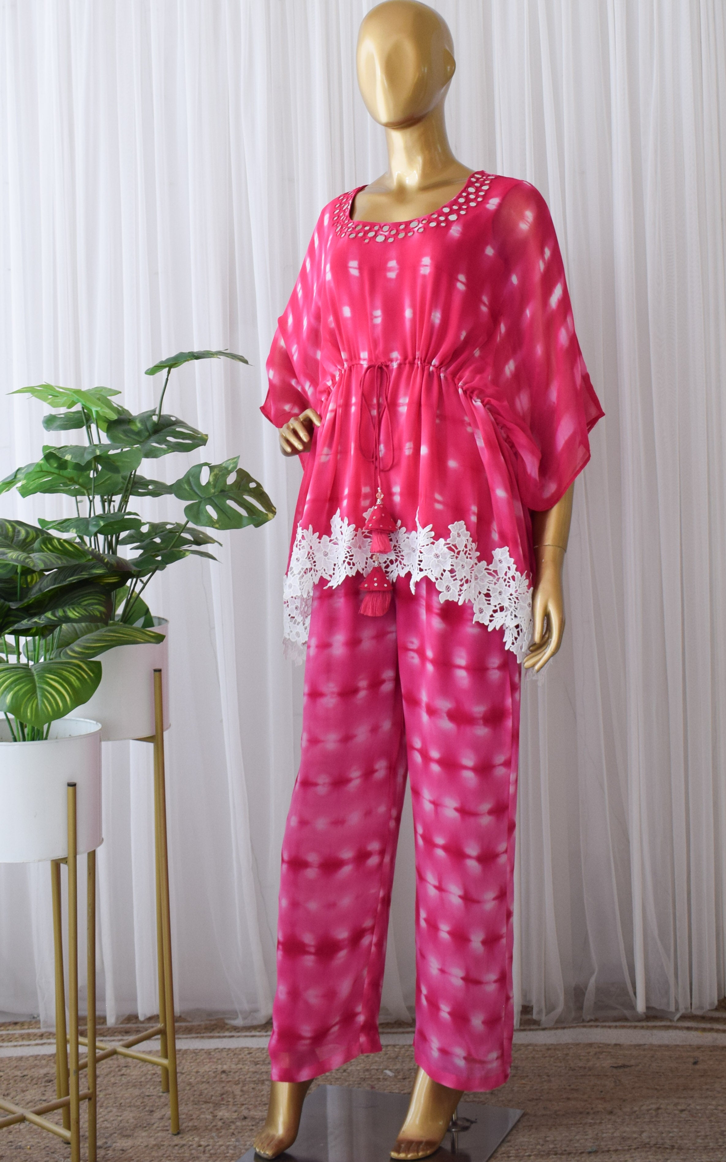 Pink Shibori Mirrorwork Kaftan Sharara Set