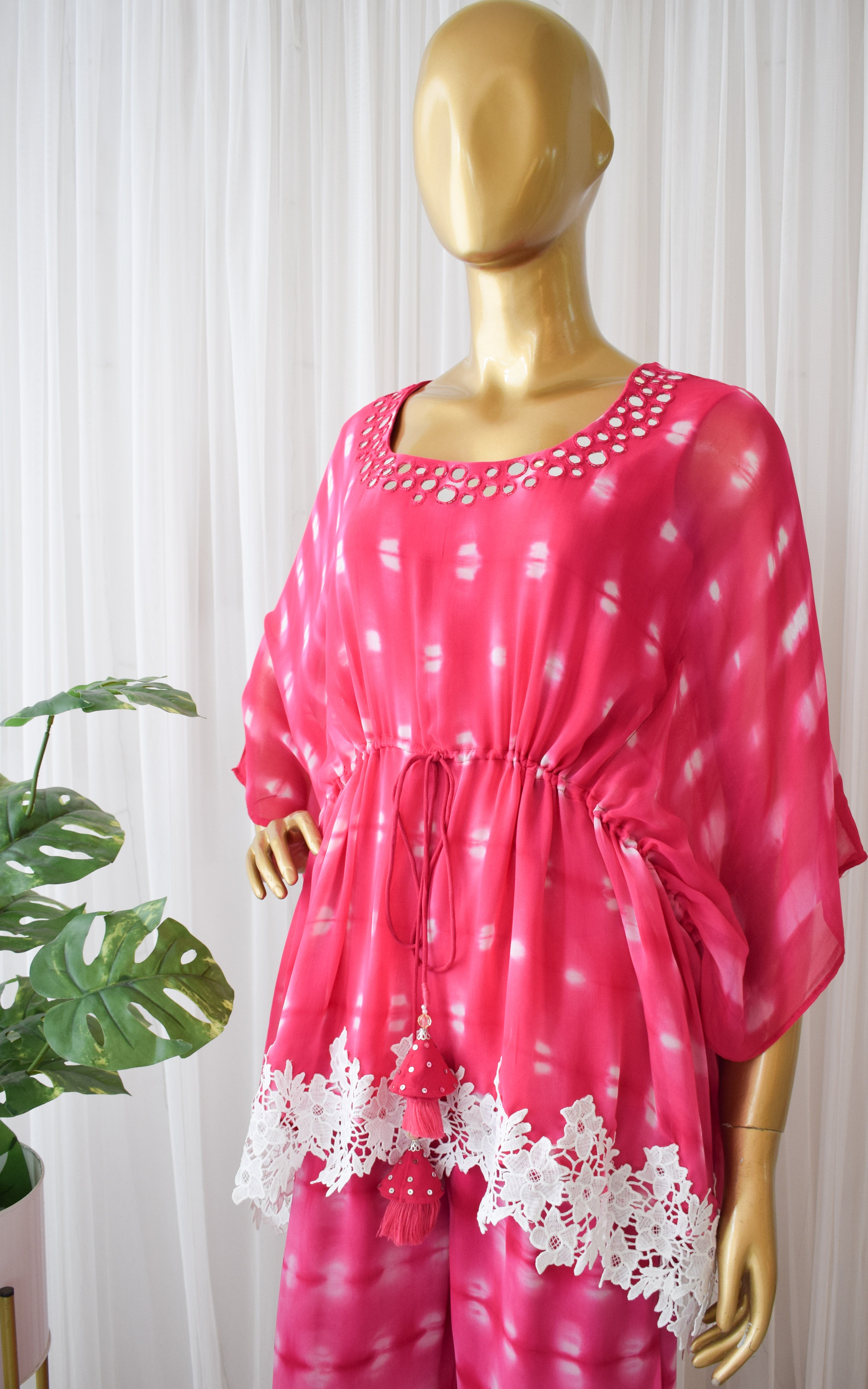 Pink Shibori Mirrorwork Kaftan Sharara Set