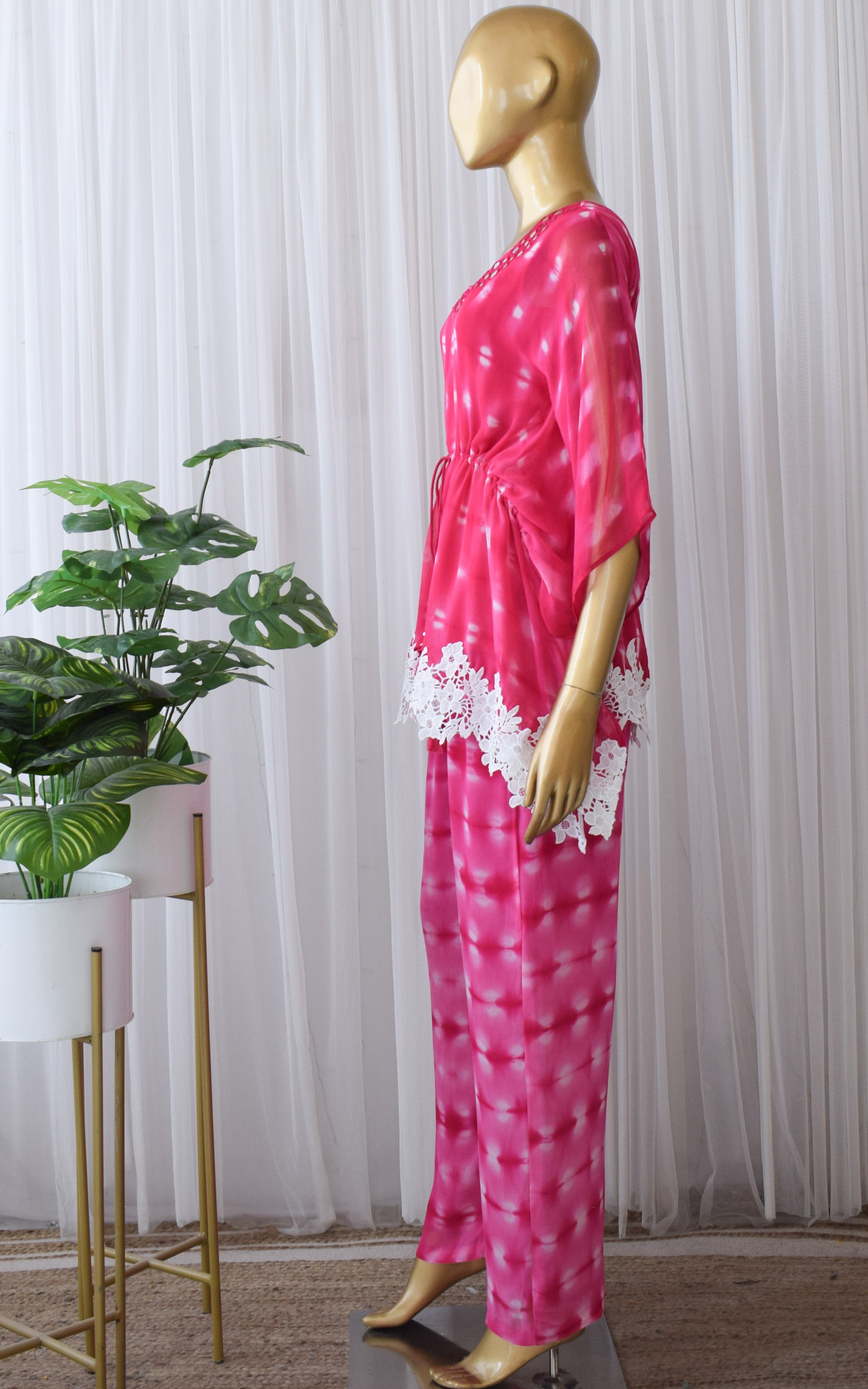 Pink Shibori Mirrorwork Kaftan Sharara Set