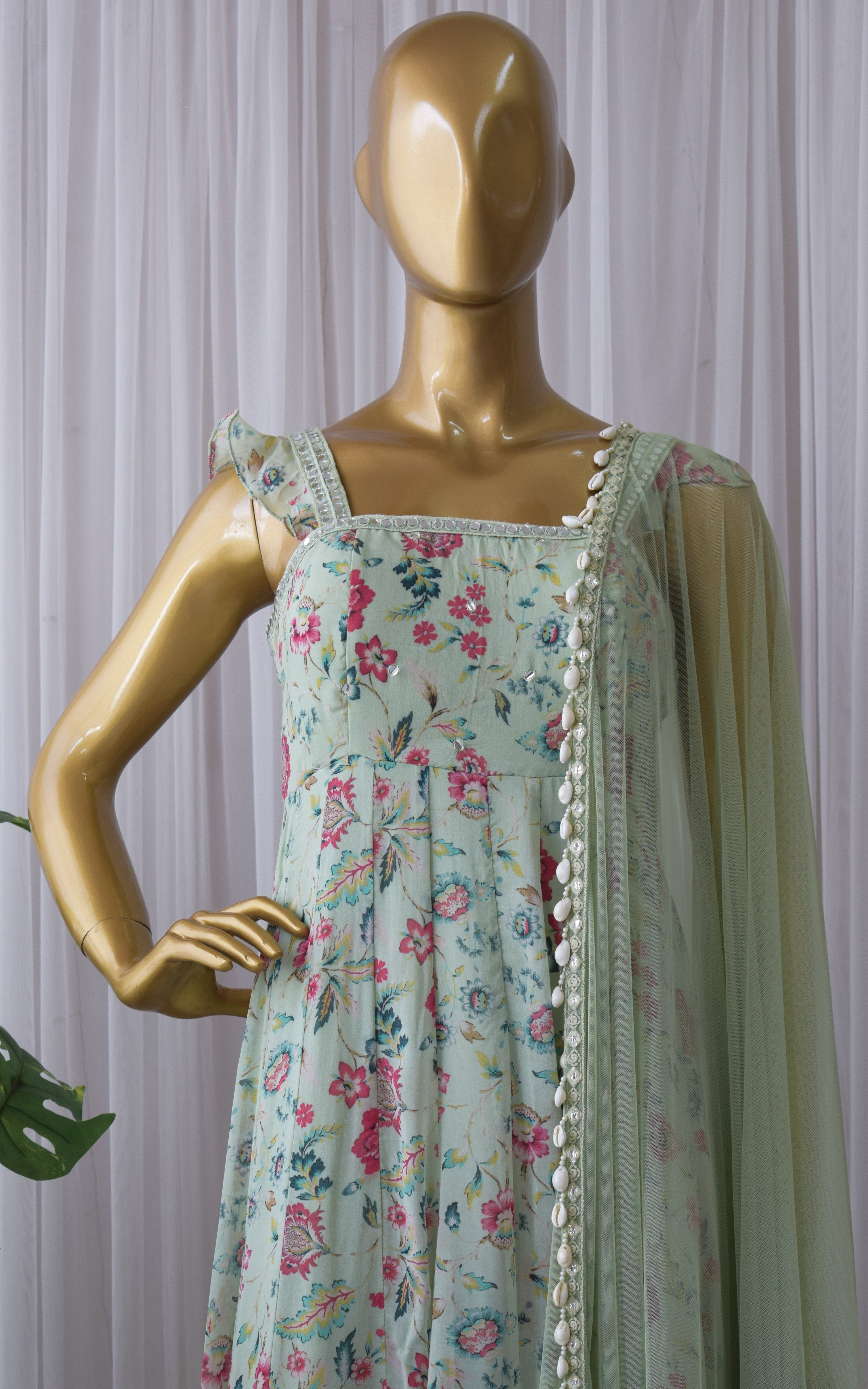 Riya Laurel Green Floral Printed Georgette Mirrorwork Anarkali