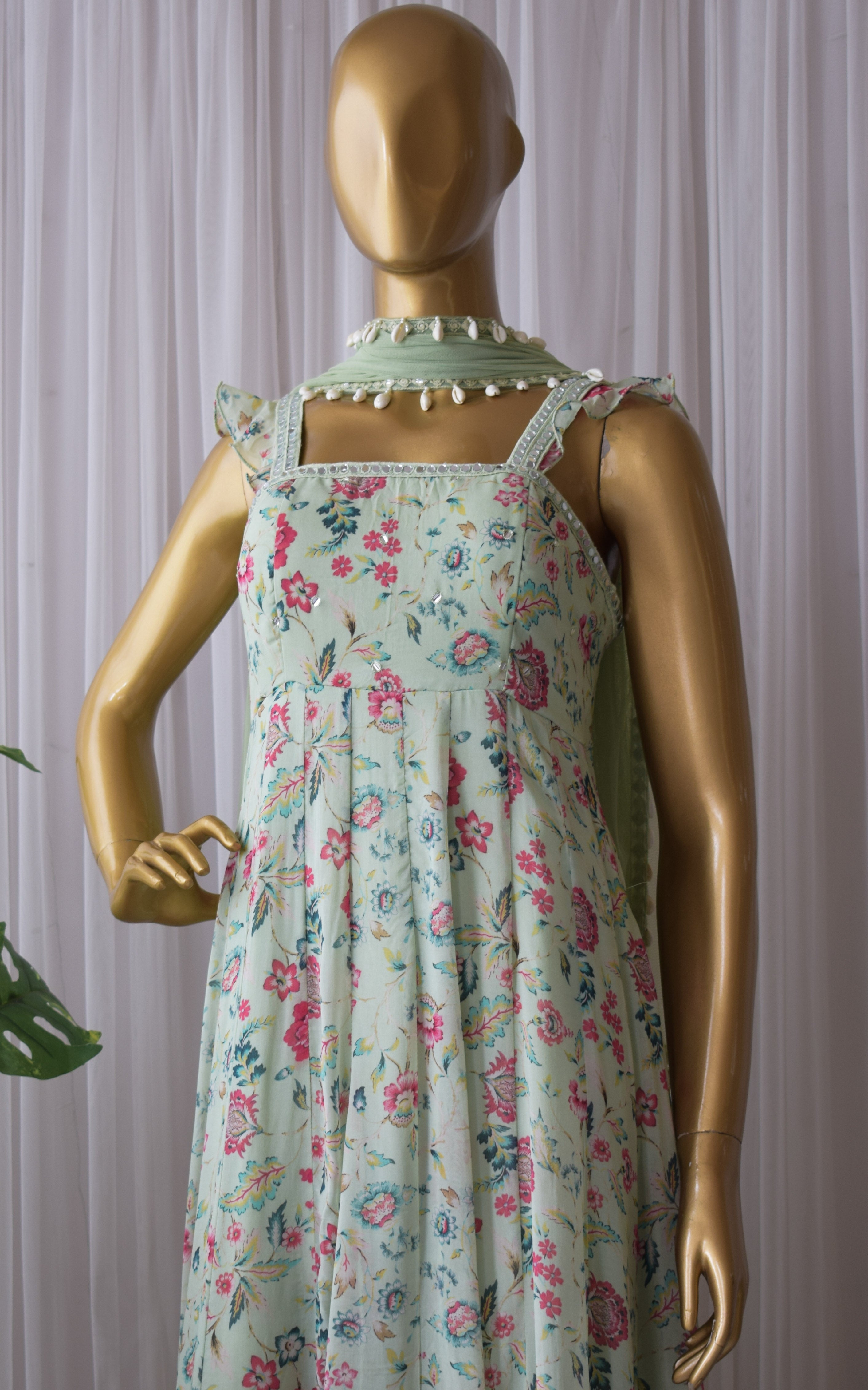 Riya Laurel Green Floral Printed Georgette Mirrorwork Anarkali