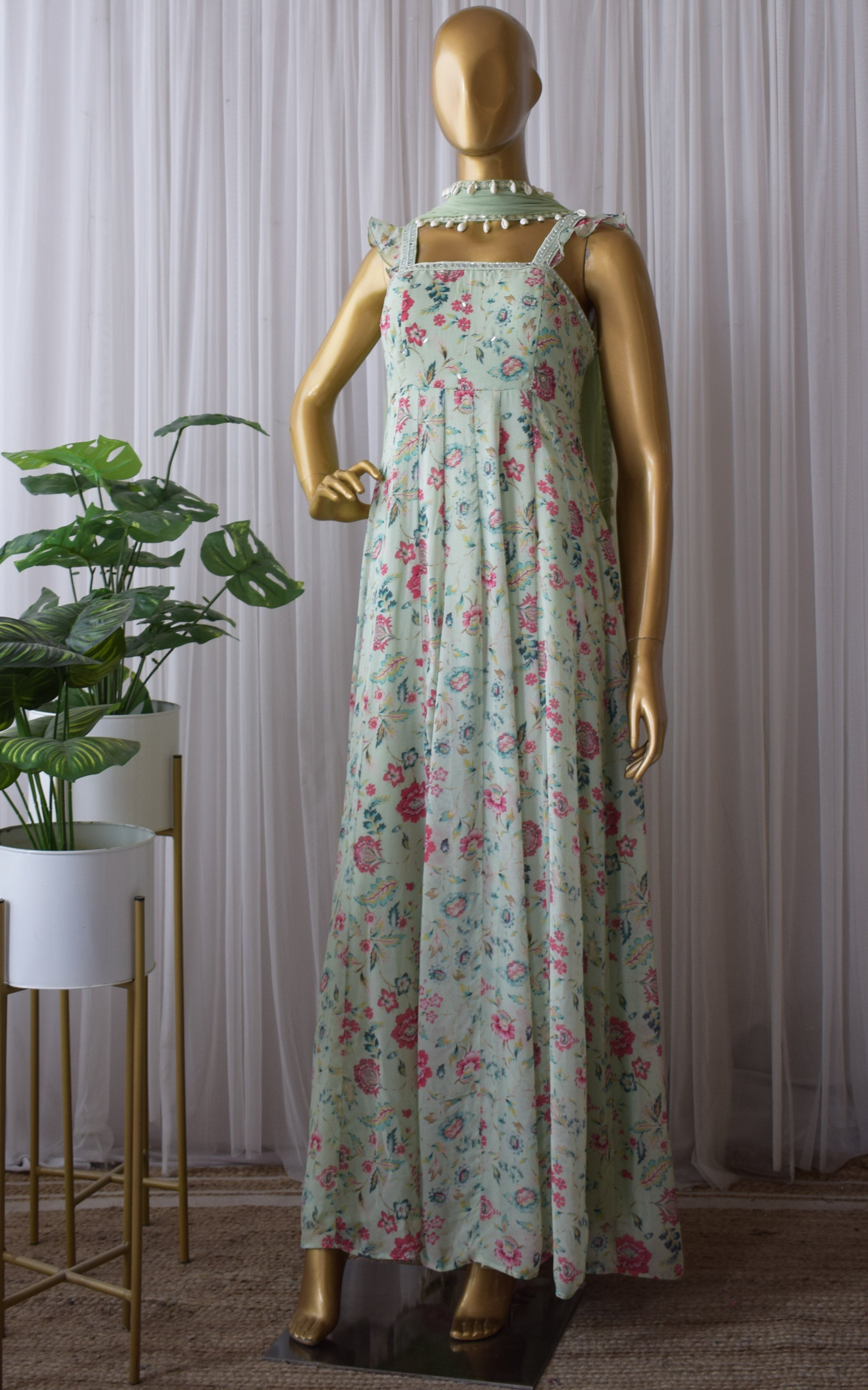 Riya Laurel Green Floral Printed Georgette Mirrorwork Anarkali