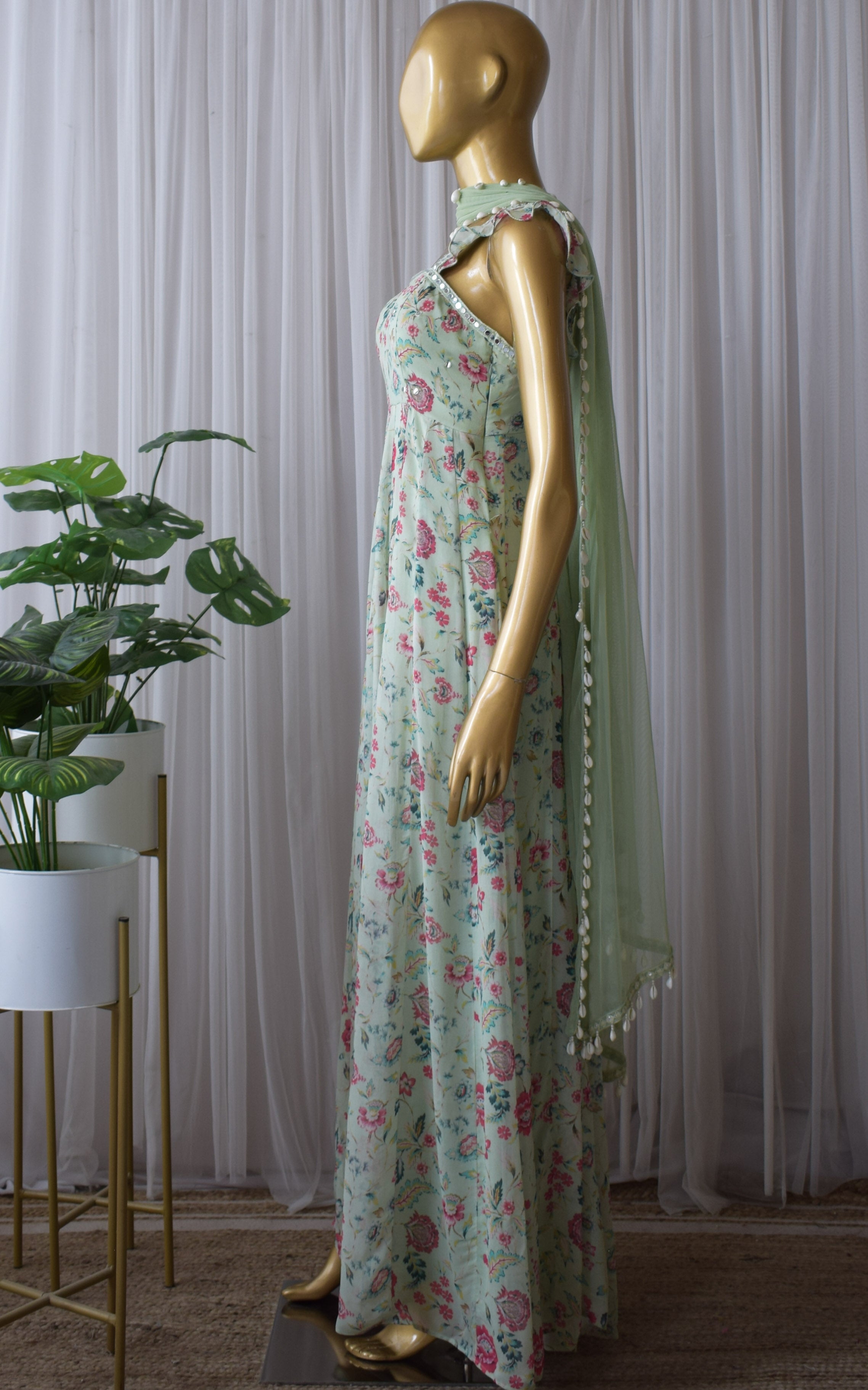 Riya Laurel Green Floral Printed Georgette Mirrorwork Anarkali