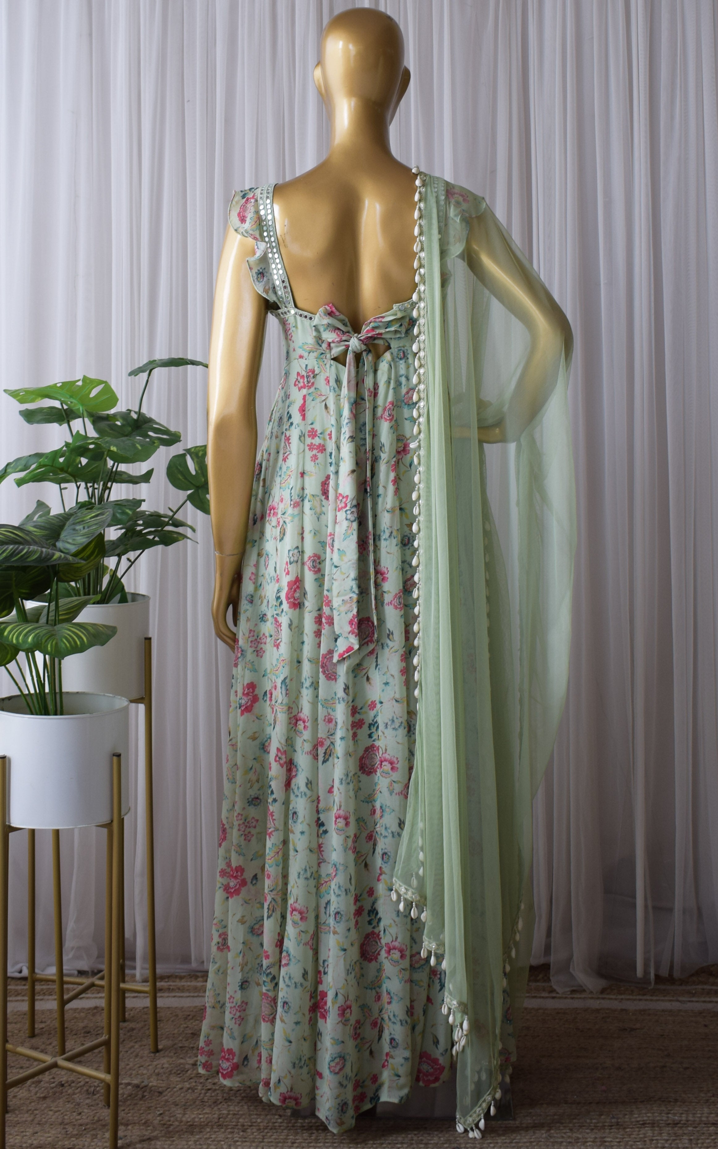 Riya Laurel Green Floral Printed Georgette Mirrorwork Anarkali