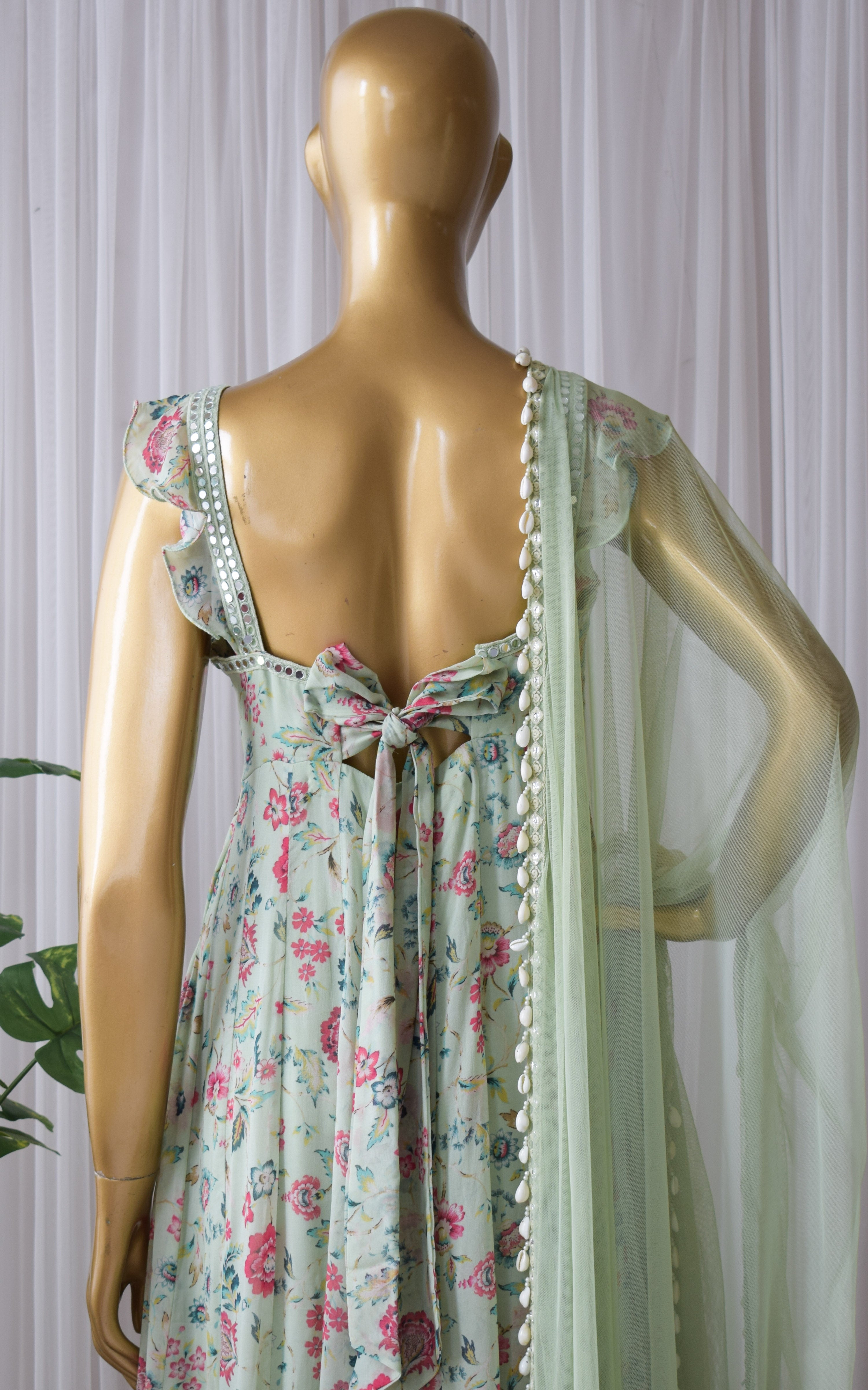 Riya Laurel Green Floral Printed Georgette Mirrorwork Anarkali