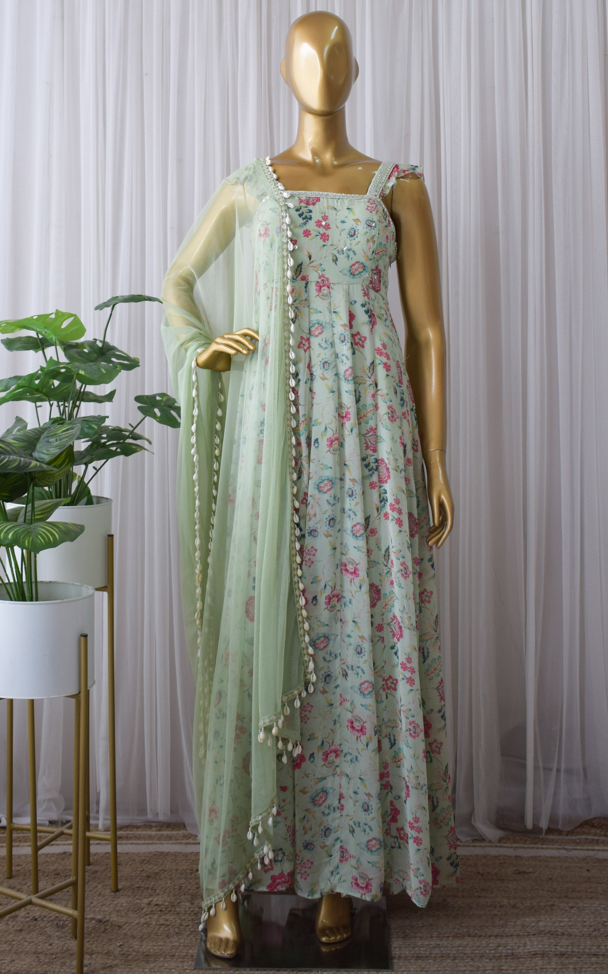 Riya Laurel Green Floral Printed Georgette Mirrorwork Anarkali