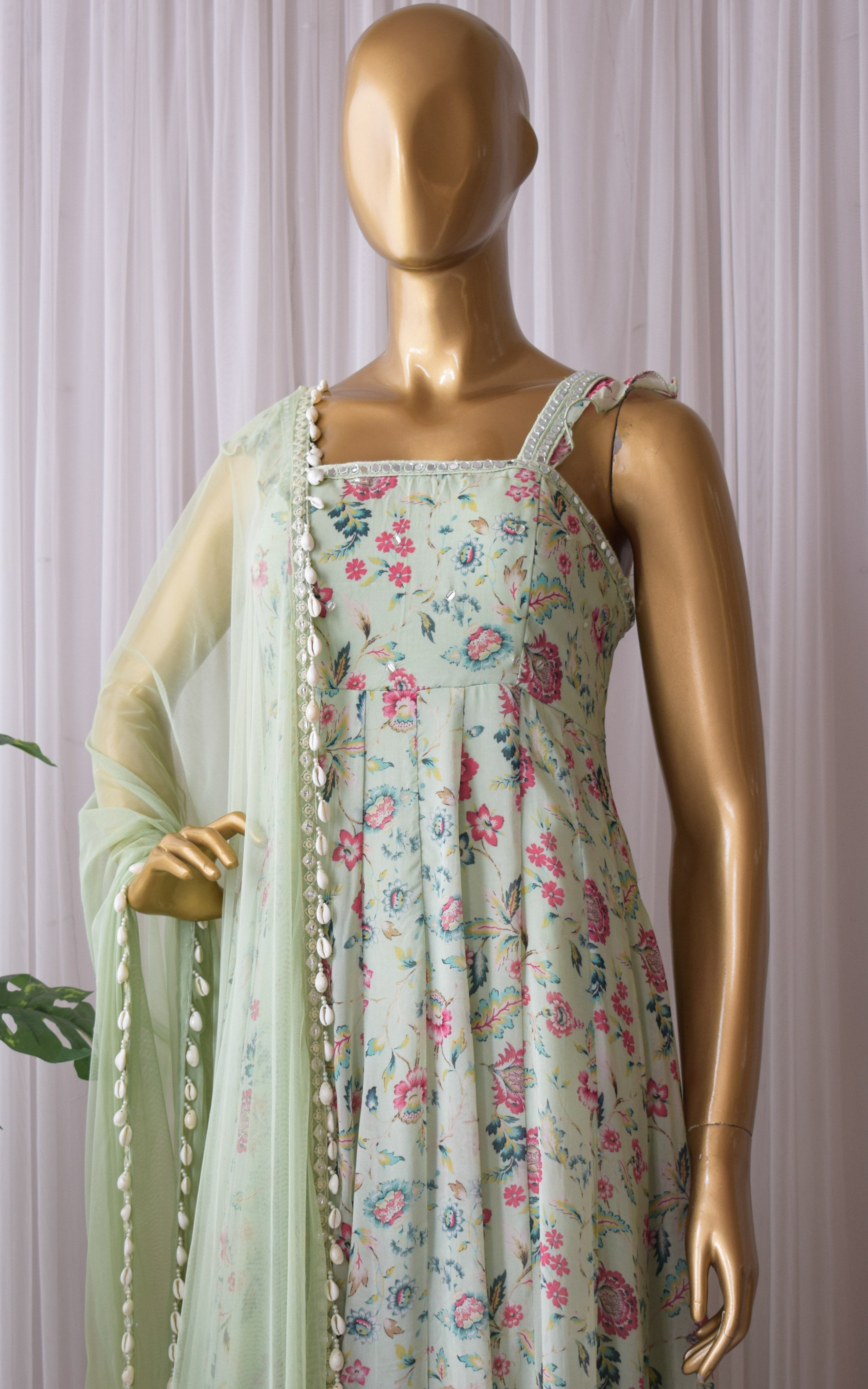 Riya Laurel Green Floral Printed Georgette Mirrorwork Anarkali