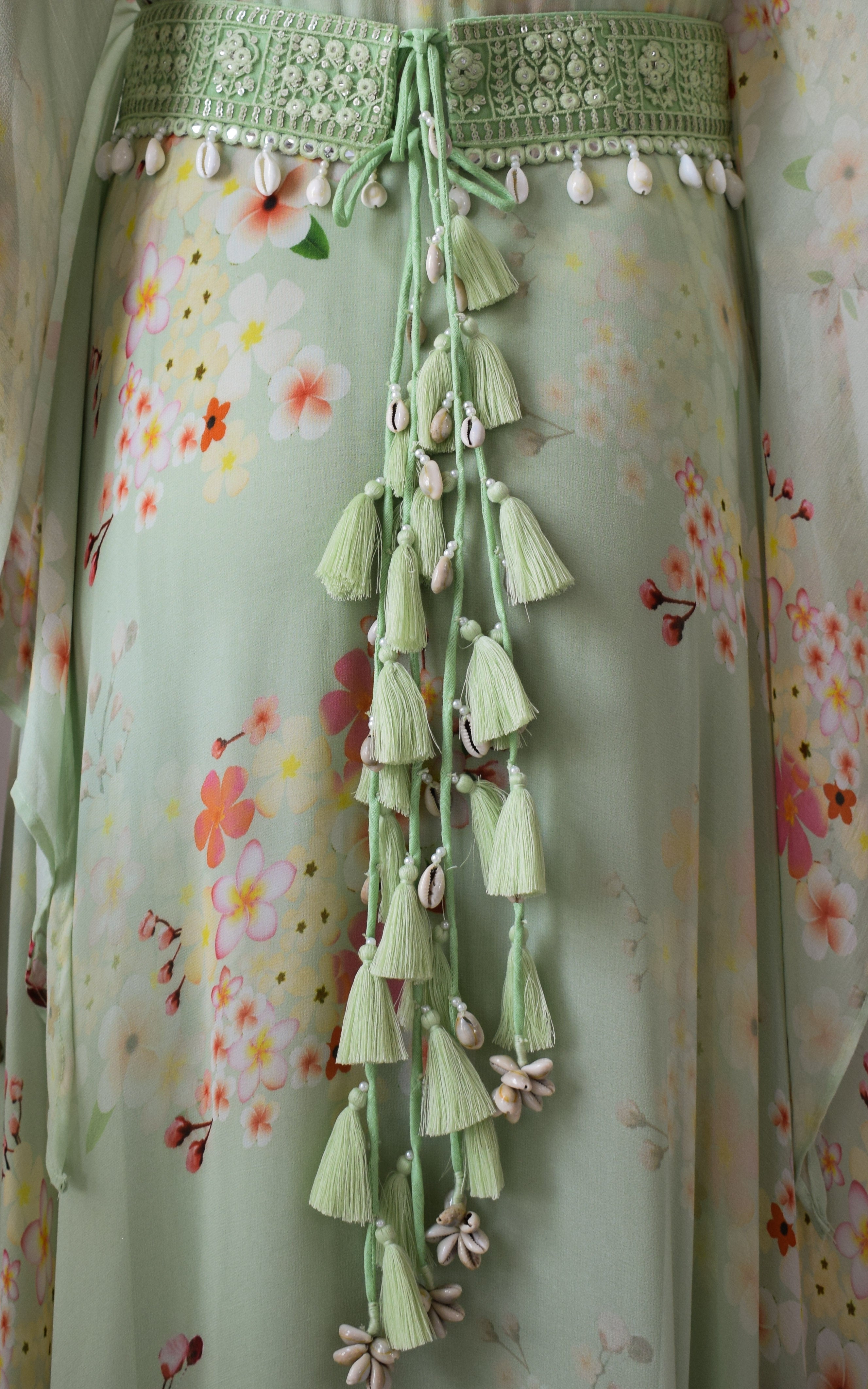 Sage Green Printed Georgette Floral Dress With Mirrorwork Belt