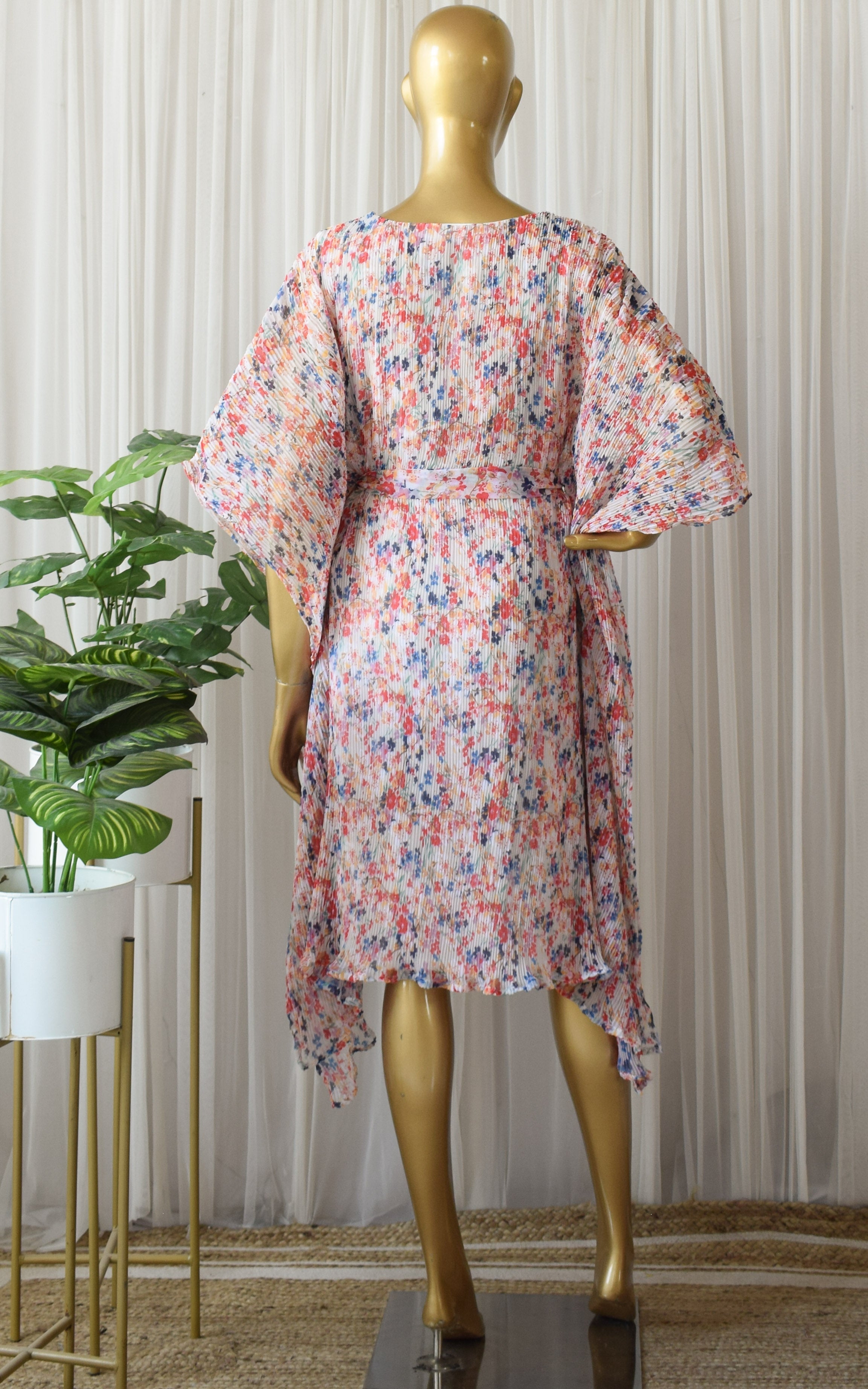 Multicolor Floral Printed Georgette Pleated Summer Kaftan Dress