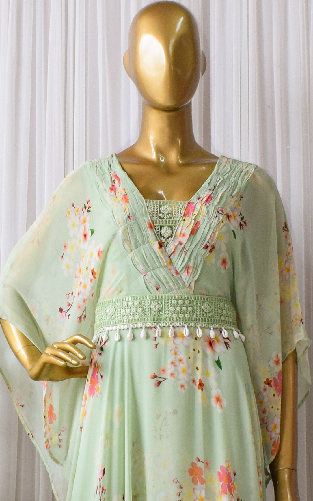 Sage Green Printed Georgette Floral Dress With Mirrorwork Belt