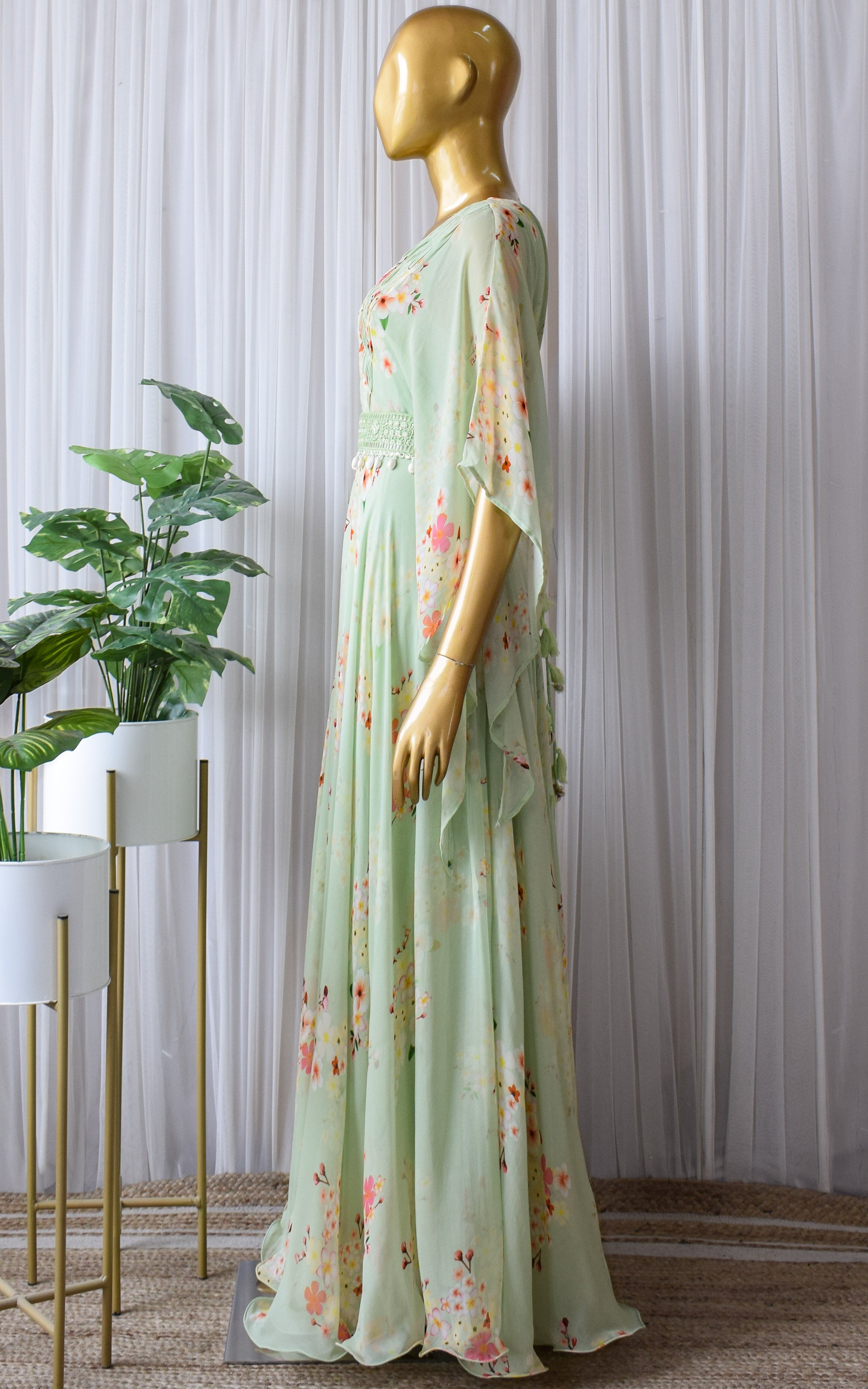 Sage Green Printed Georgette Floral Dress With Mirrorwork Belt
