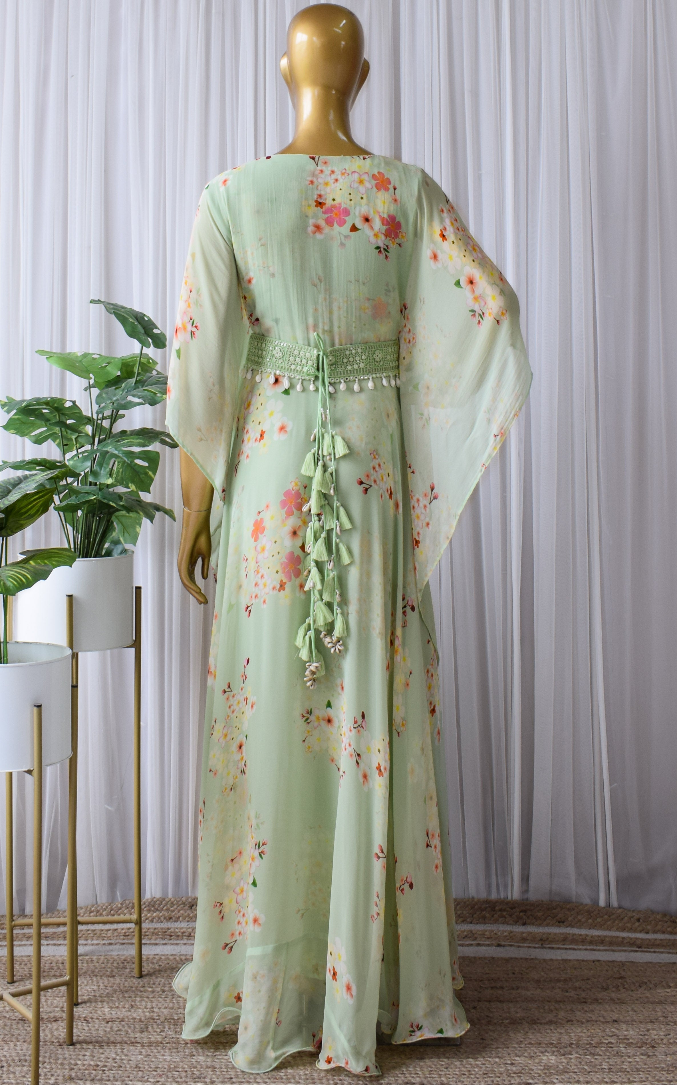 Sage Green Printed Georgette Floral Dress With Mirrorwork Belt