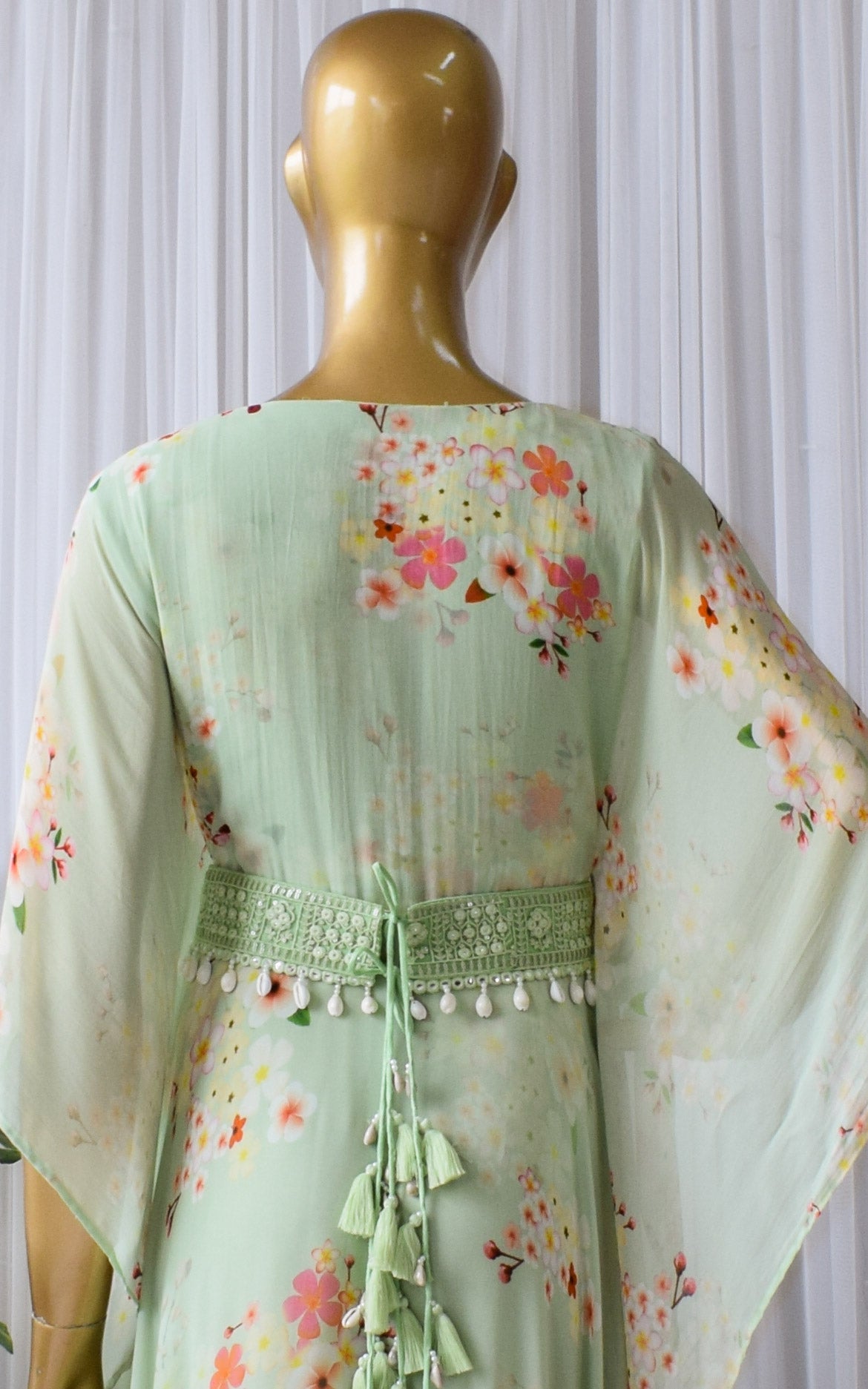 Sage Green Printed Georgette Floral Dress With Mirrorwork Belt