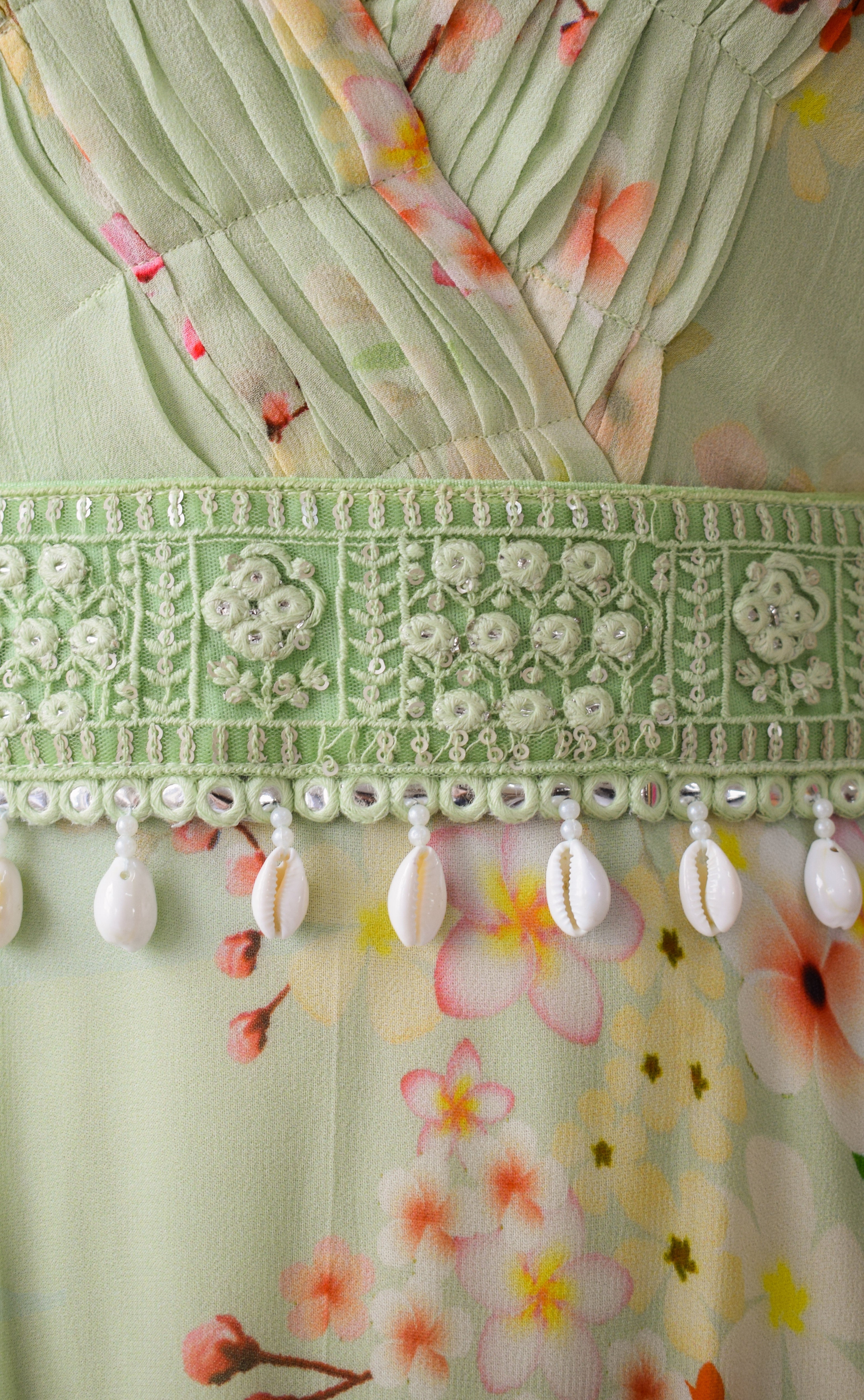 Sage Green Printed Georgette Floral Dress With Mirrorwork Belt