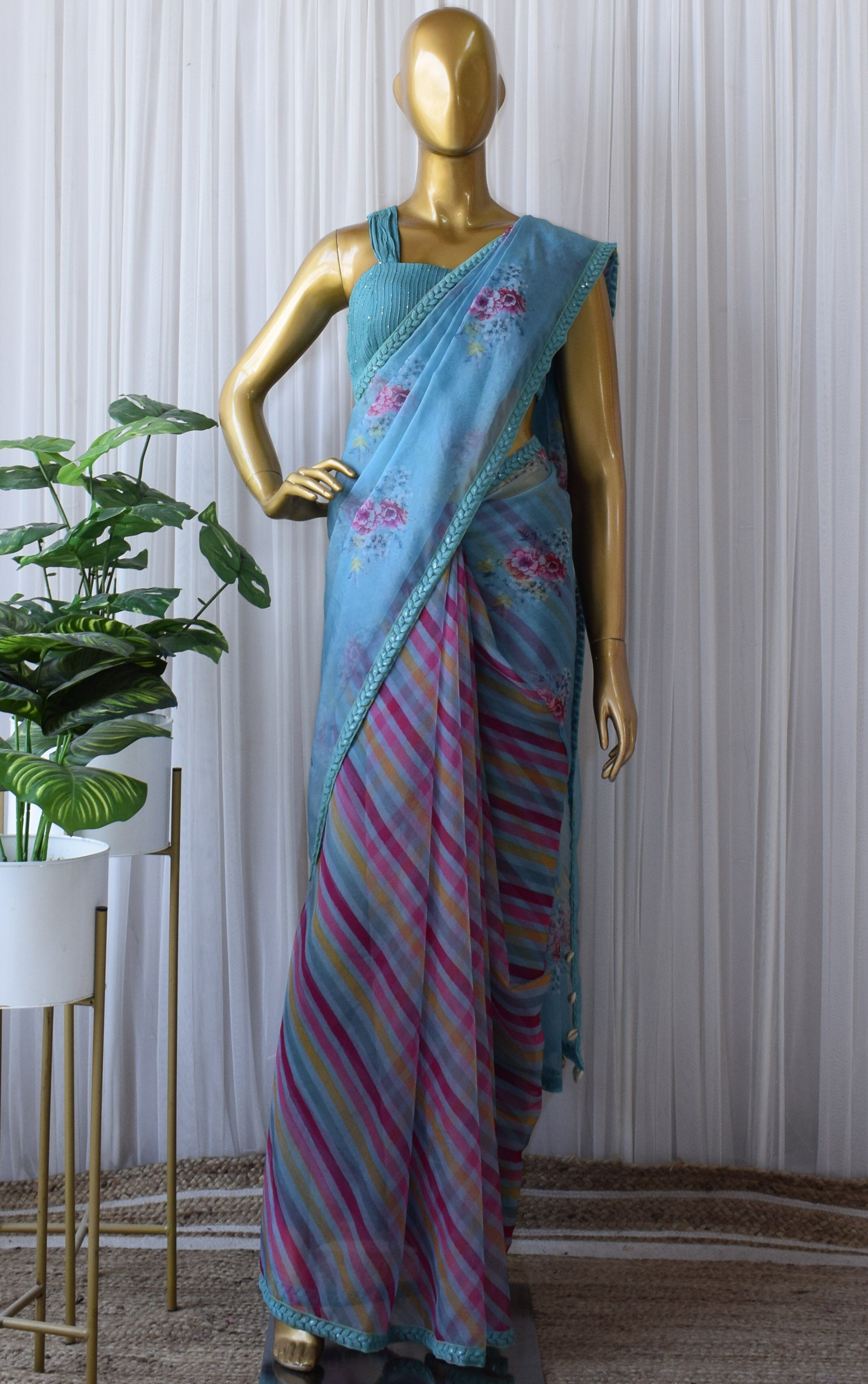 Sapphire Blue Half-half Organza Saree