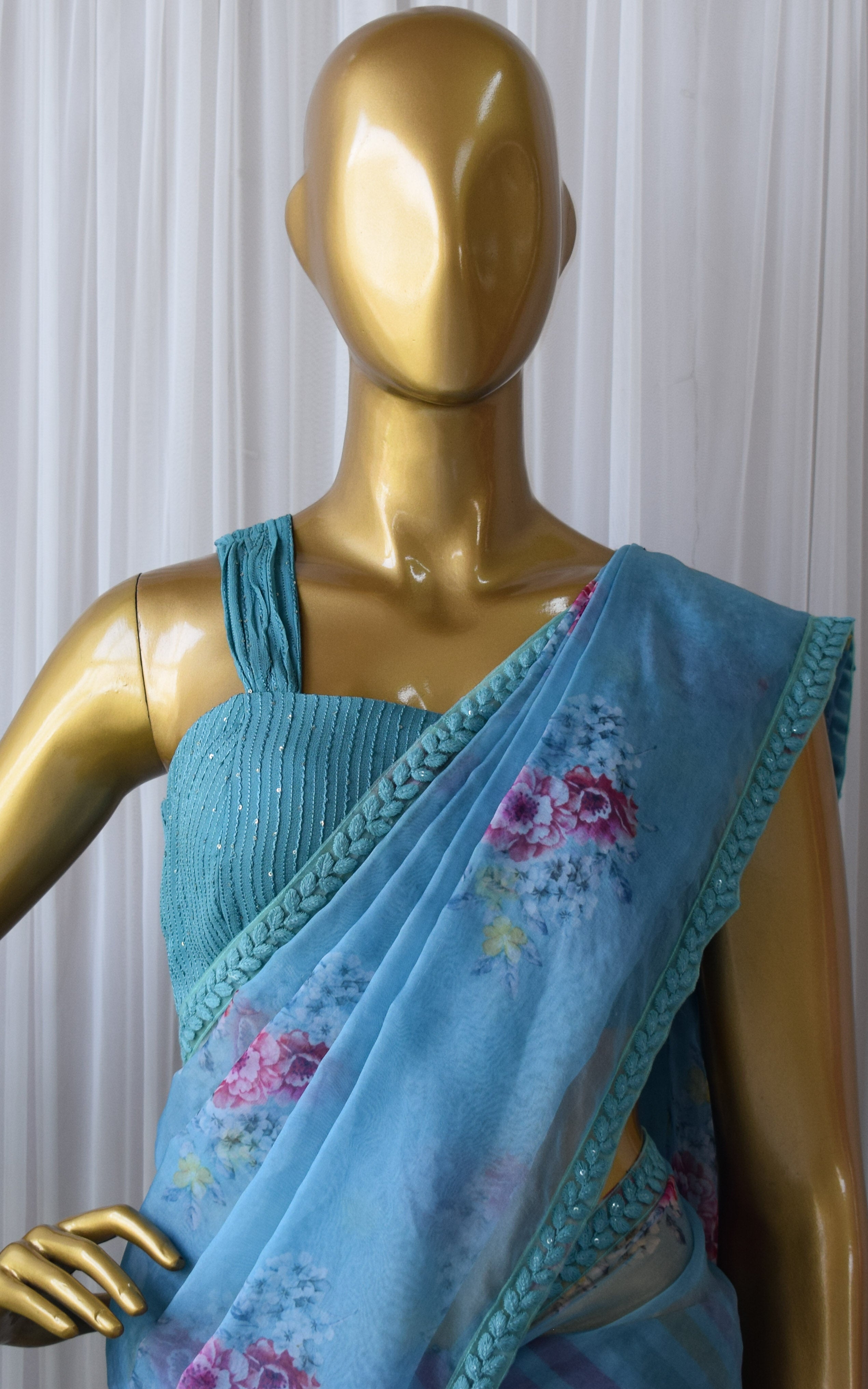 Sapphire Blue Half-half Organza Saree