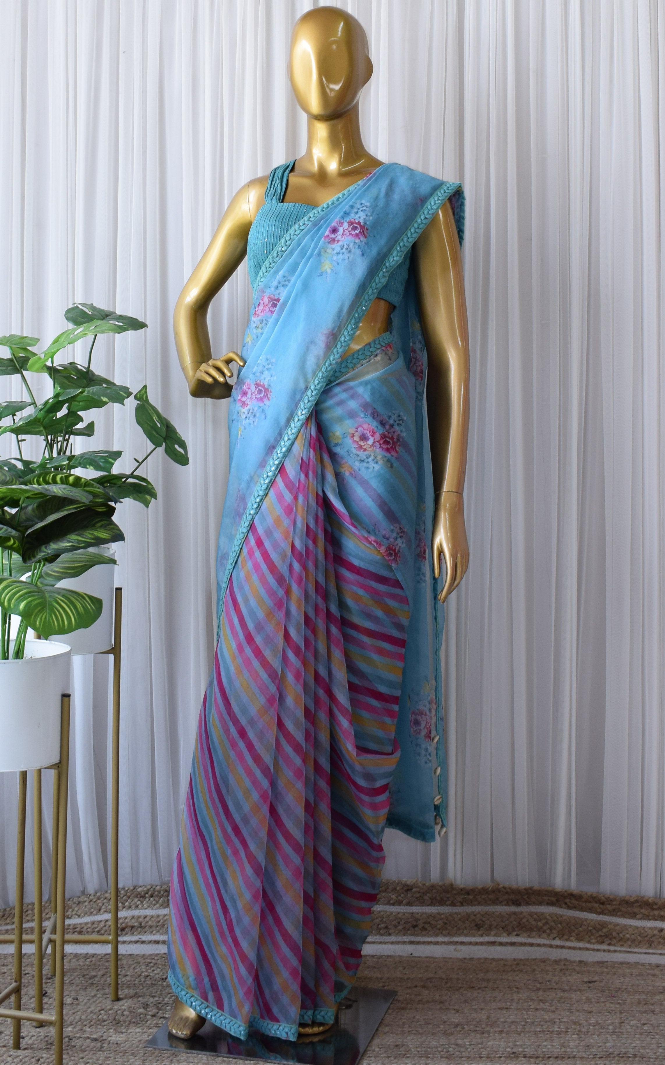 Sapphire Blue Half-half Organza Saree