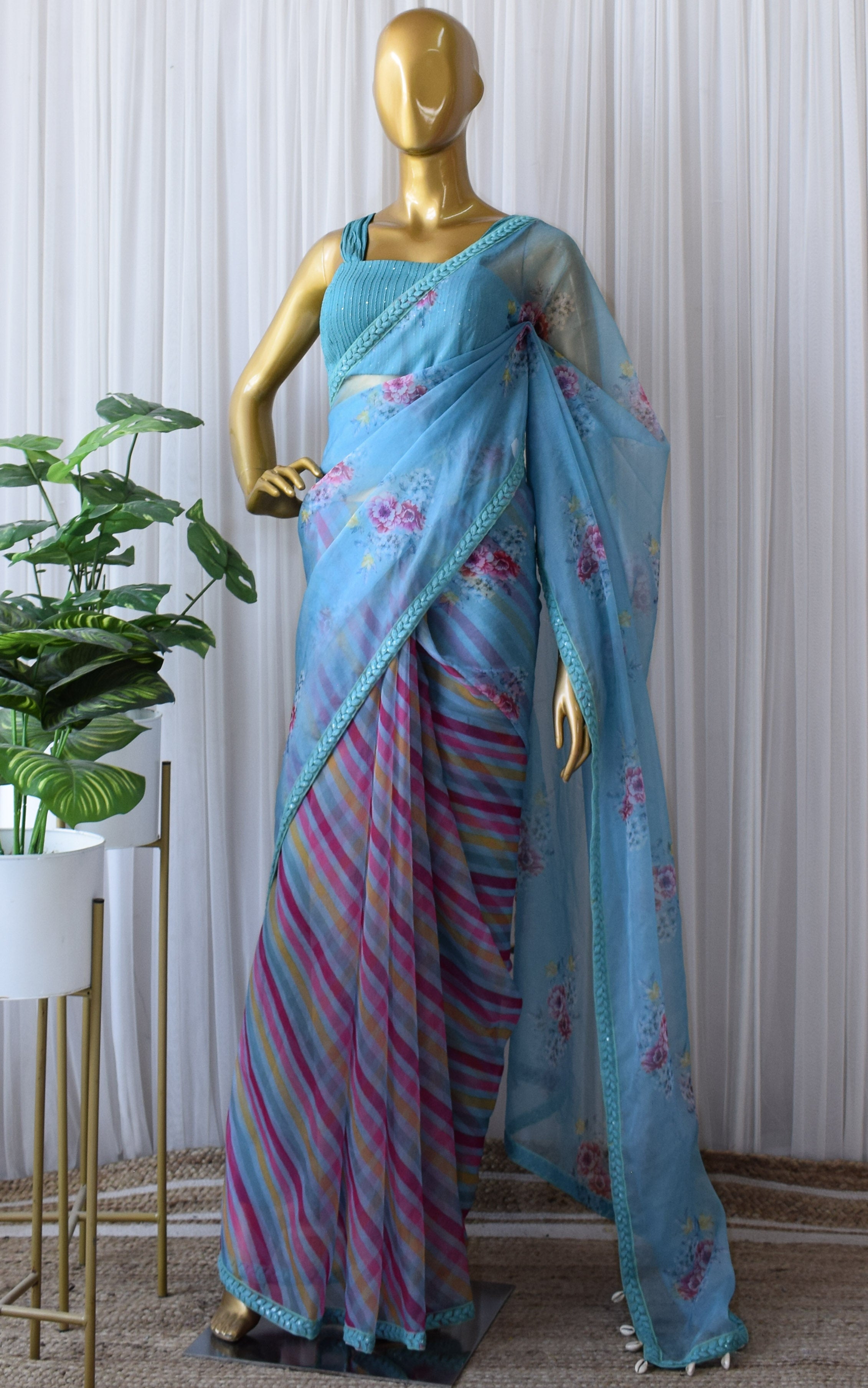 Sapphire Blue Half-half Organza Saree