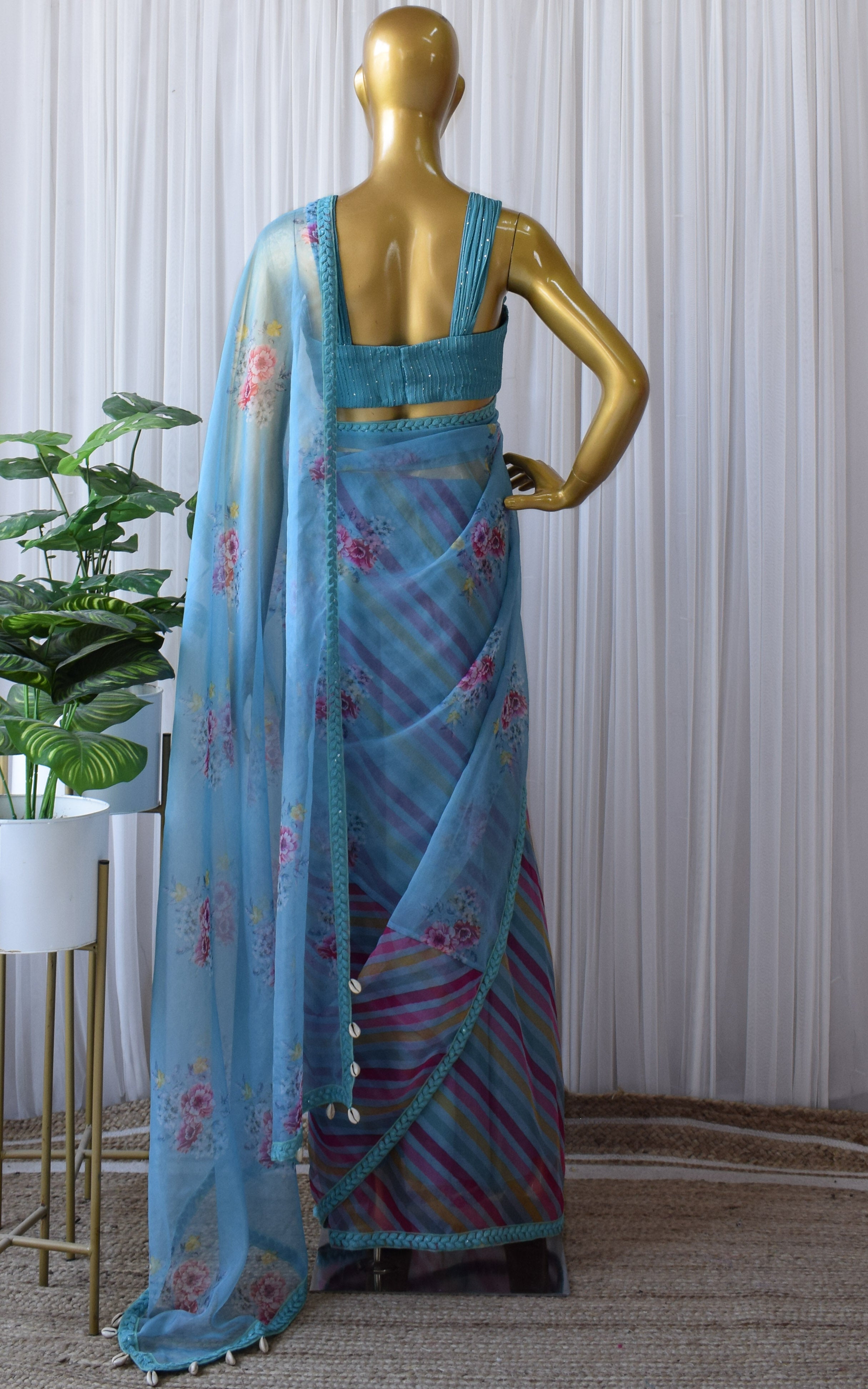 Sapphire Blue Half-half Organza Saree