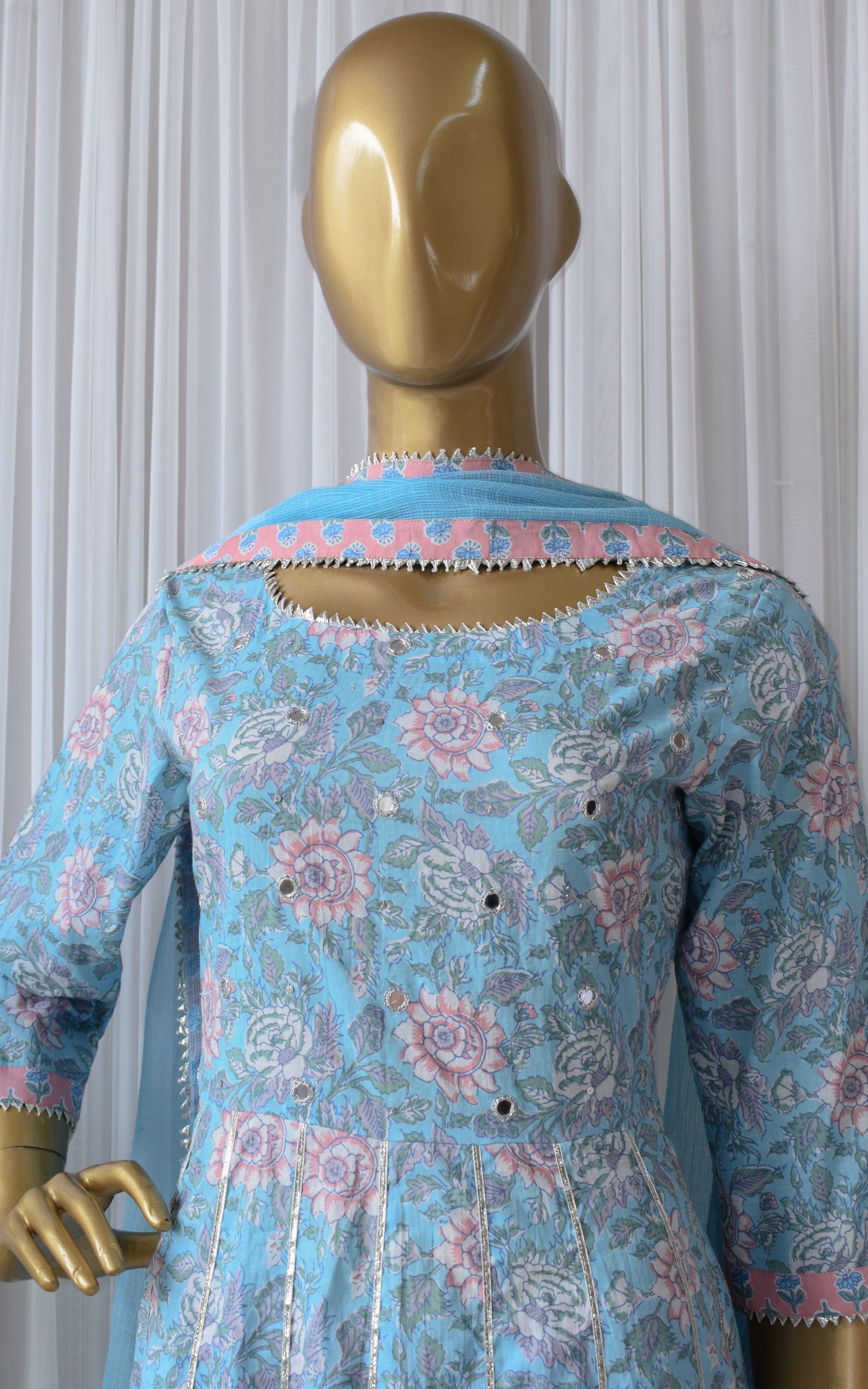 Sky Blue Floral Cotton Anarkali & Pant Set