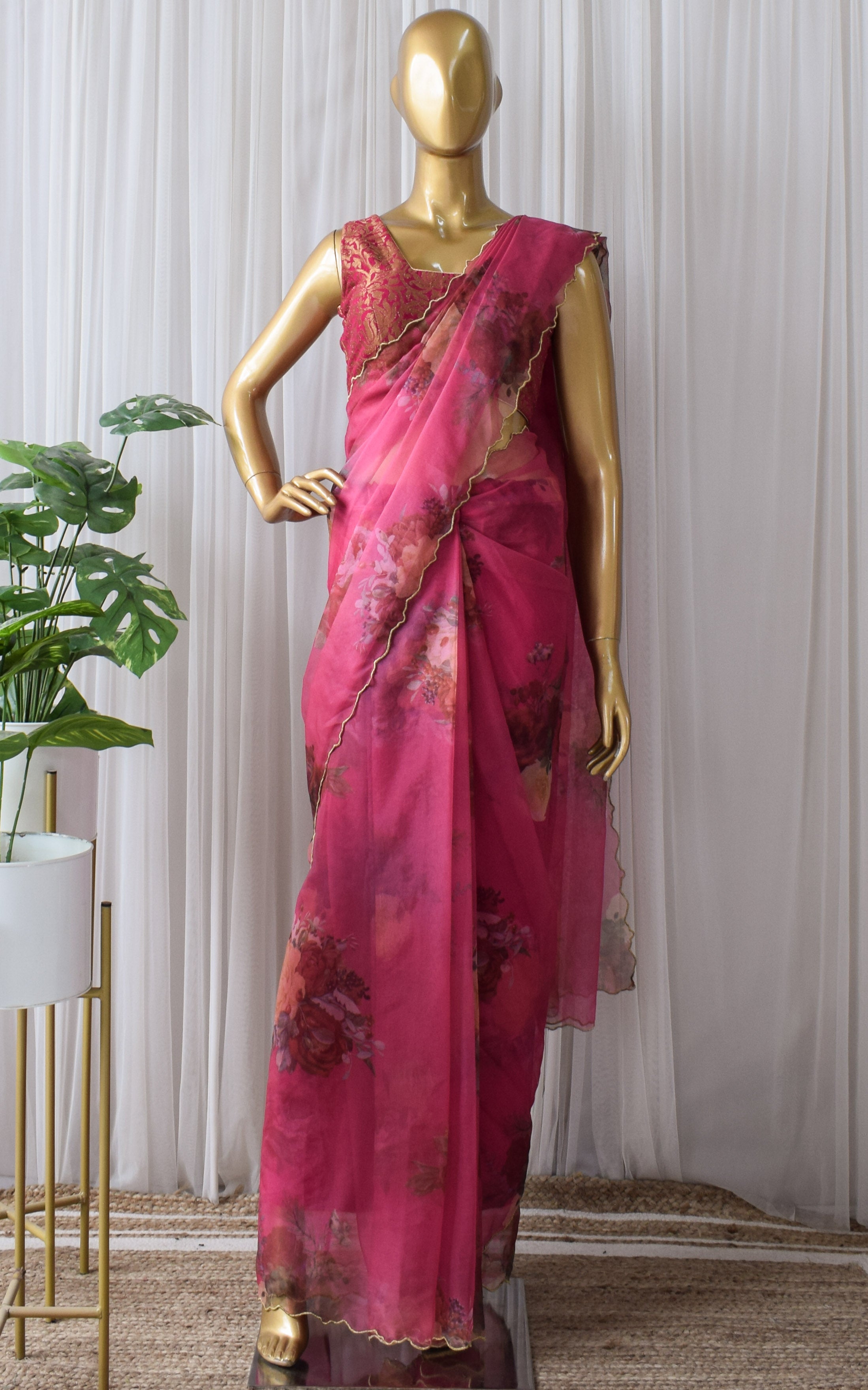 Fuchsia Floral Organza Saree