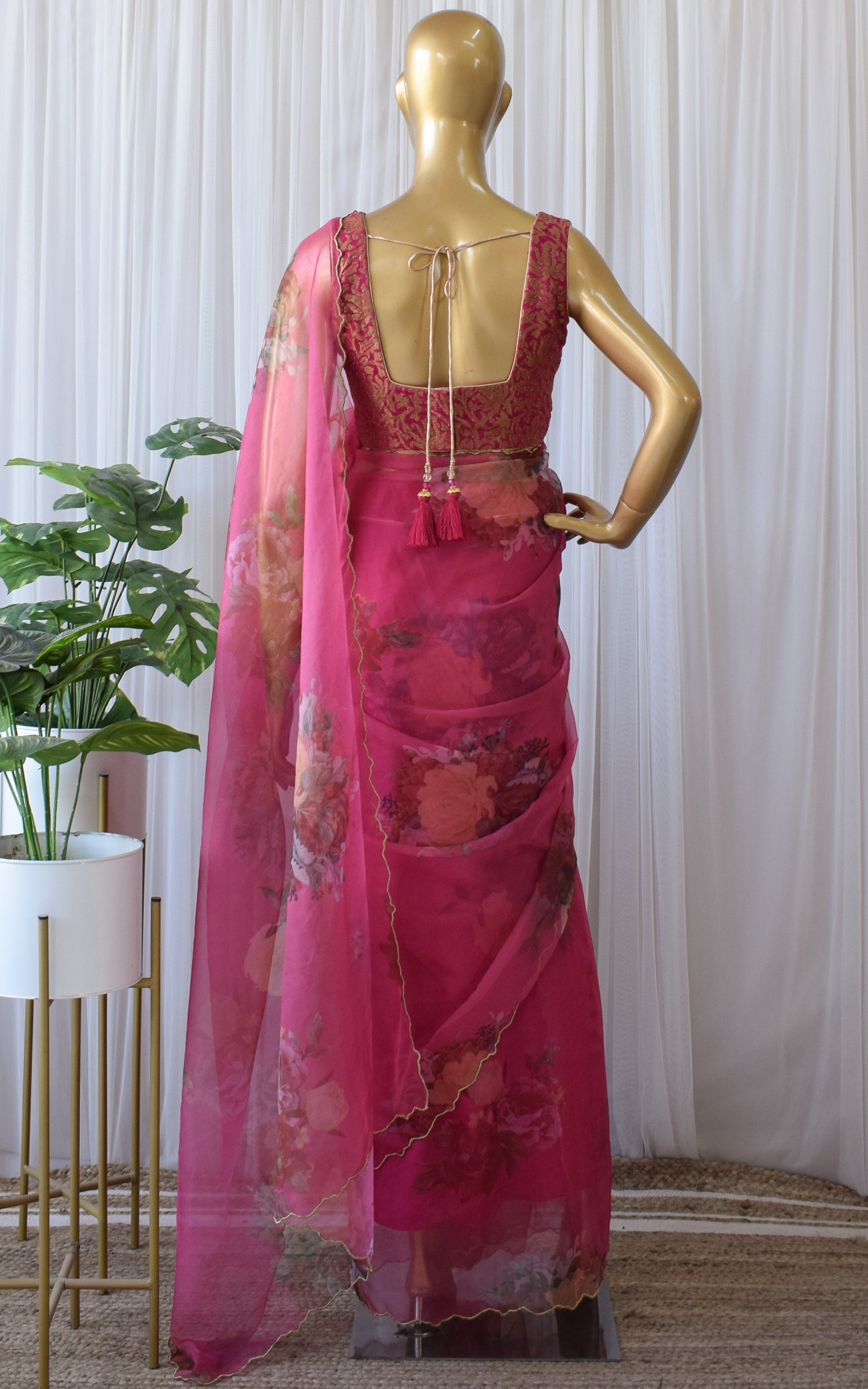Fuchsia Floral Organza Saree