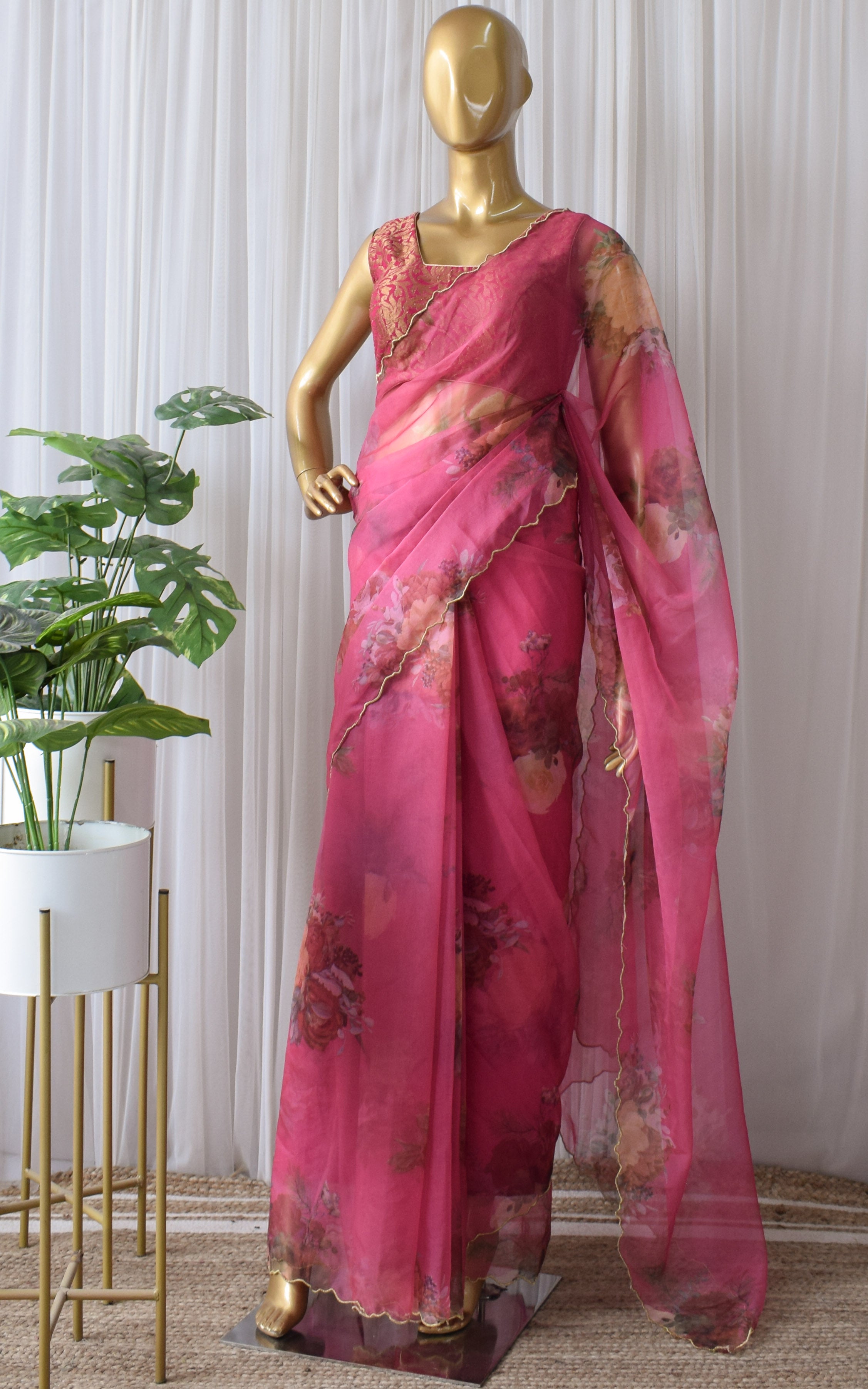 Fuchsia Floral Organza Saree