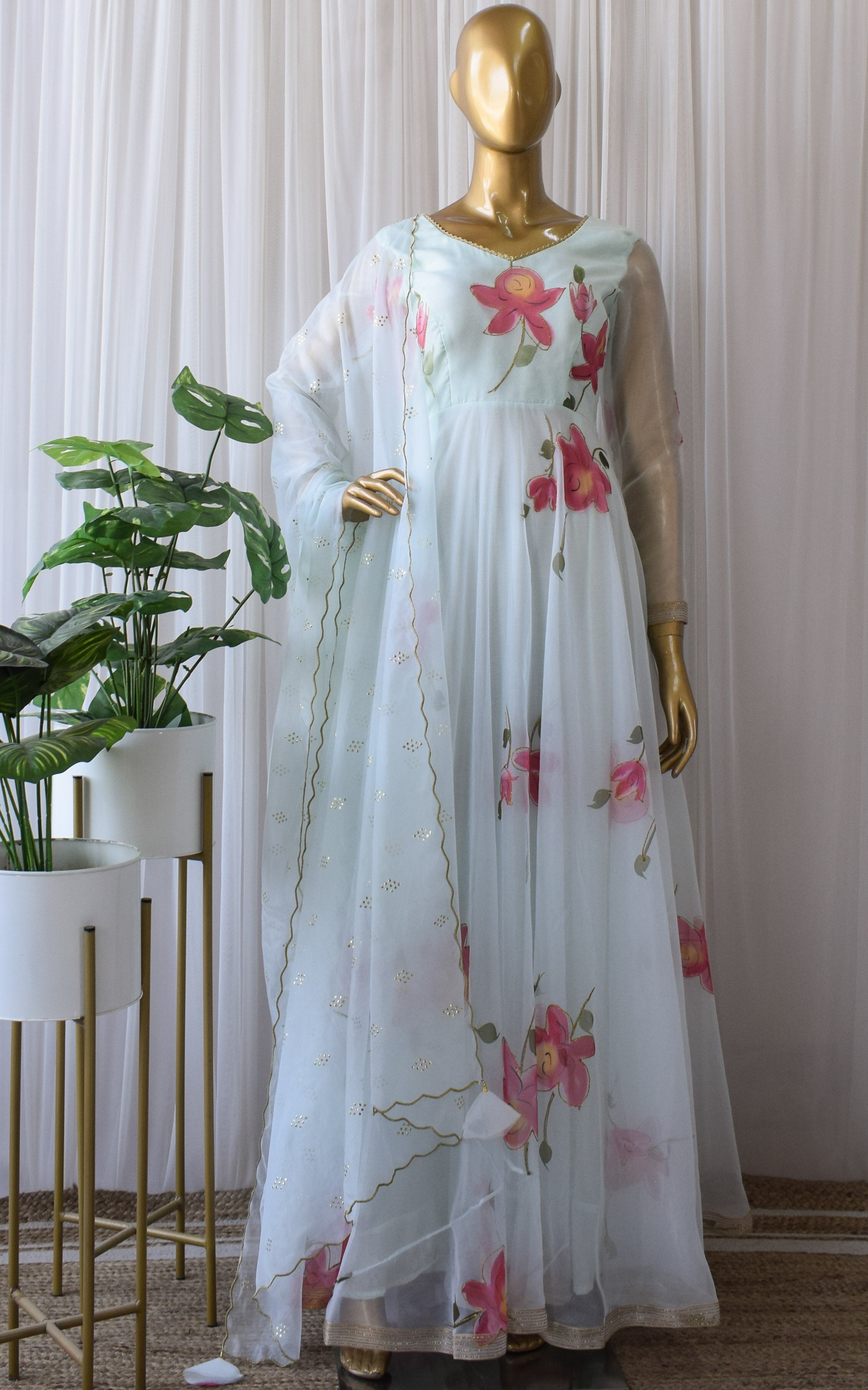 Sky Blue Hand Painted Organza Anarkali