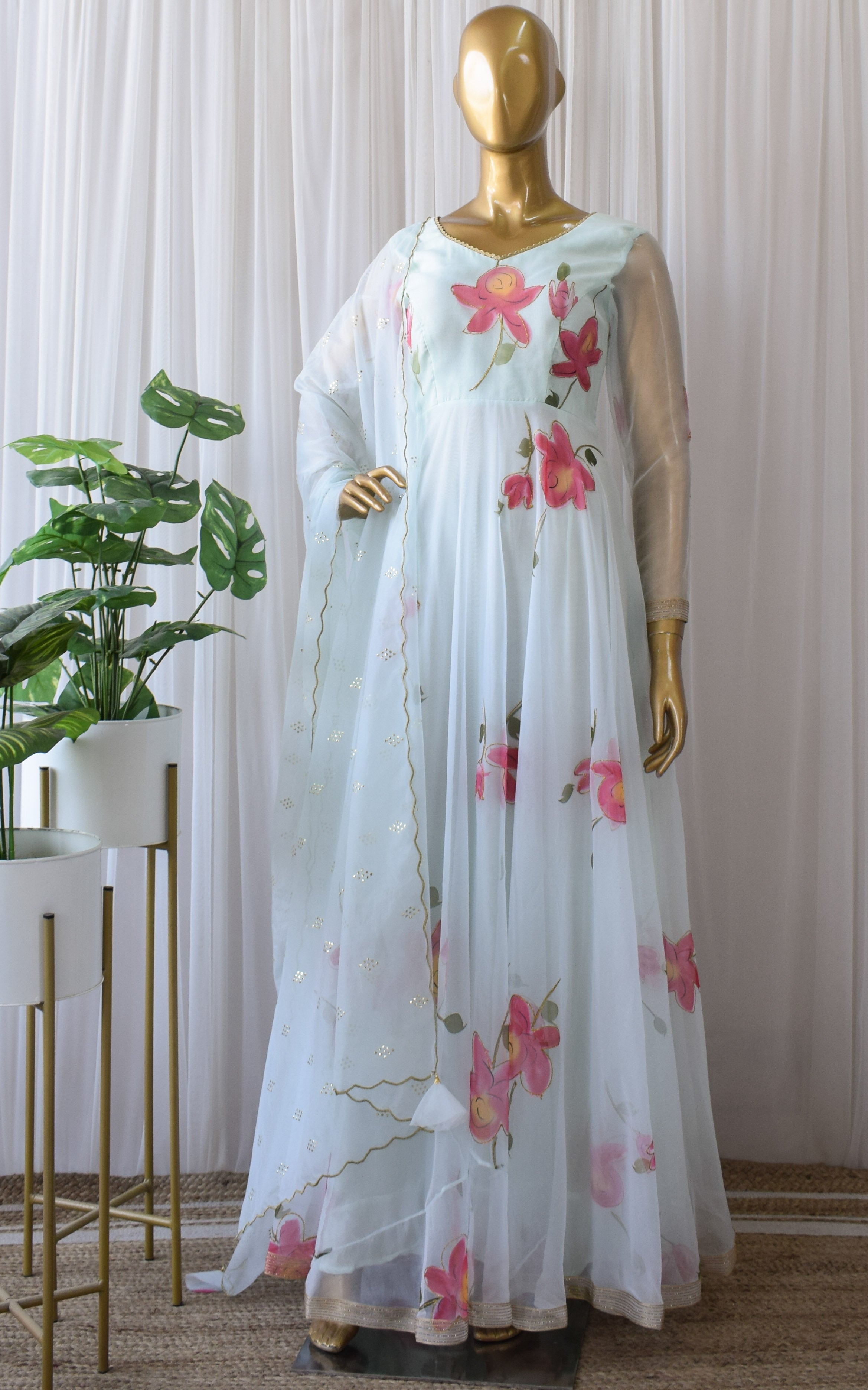 Sky Blue Hand Painted Organza Anarkali