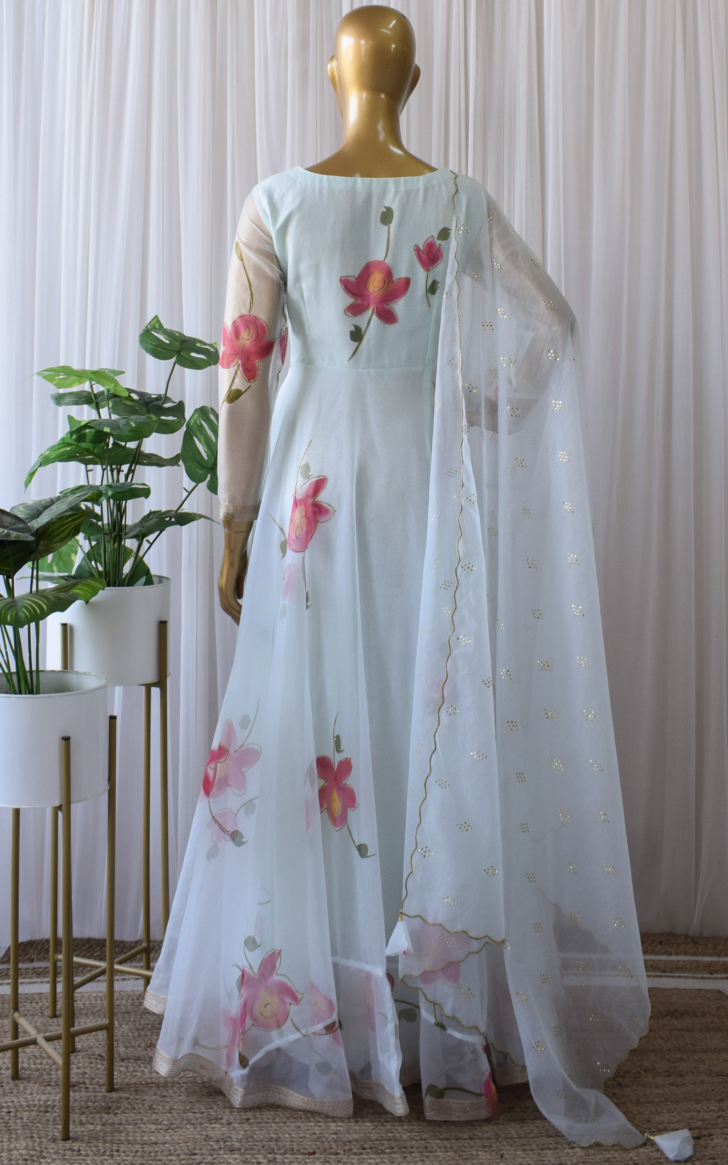 Sky Blue Hand Painted Organza Anarkali