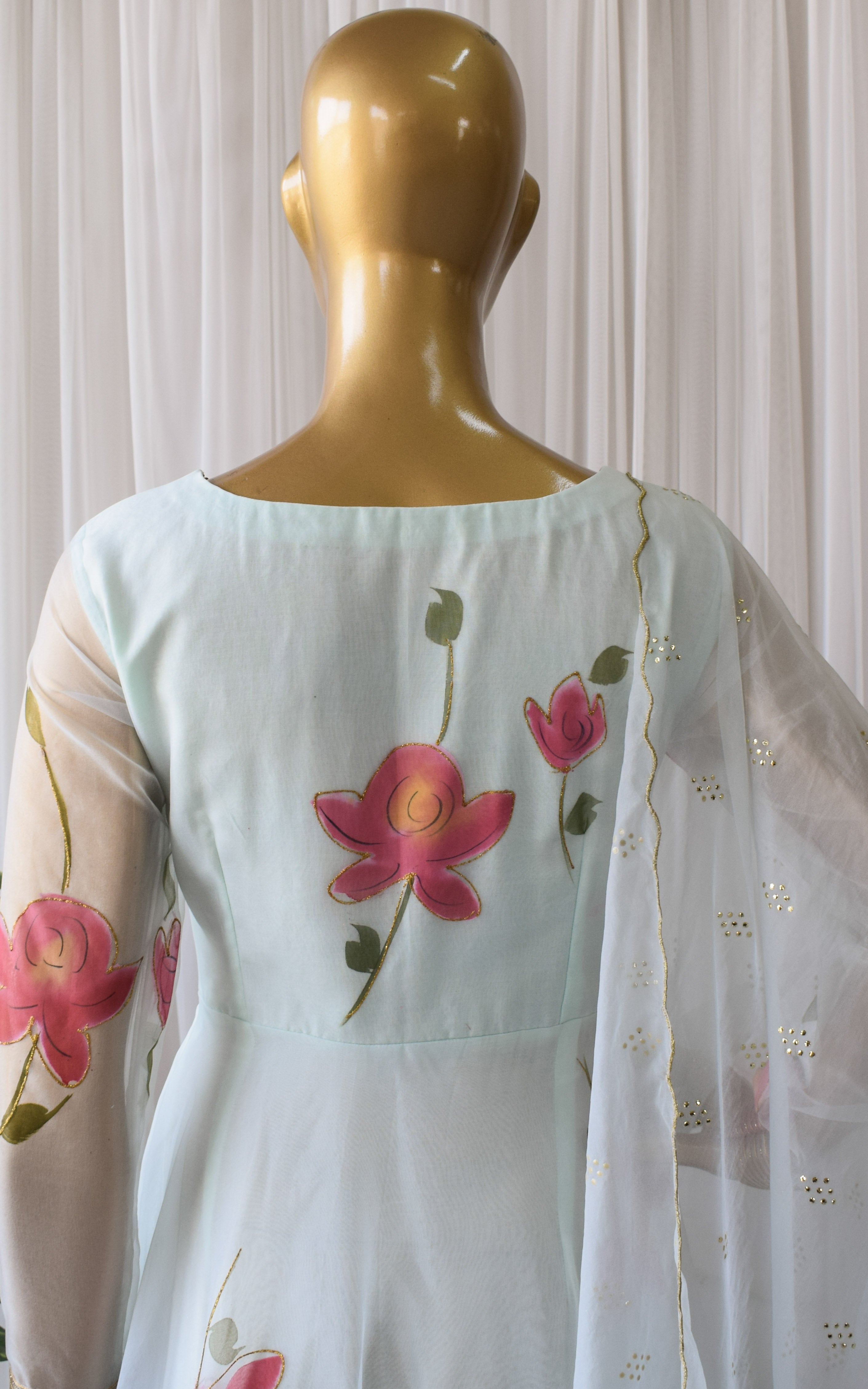 Sky Blue Hand Painted Organza Anarkali